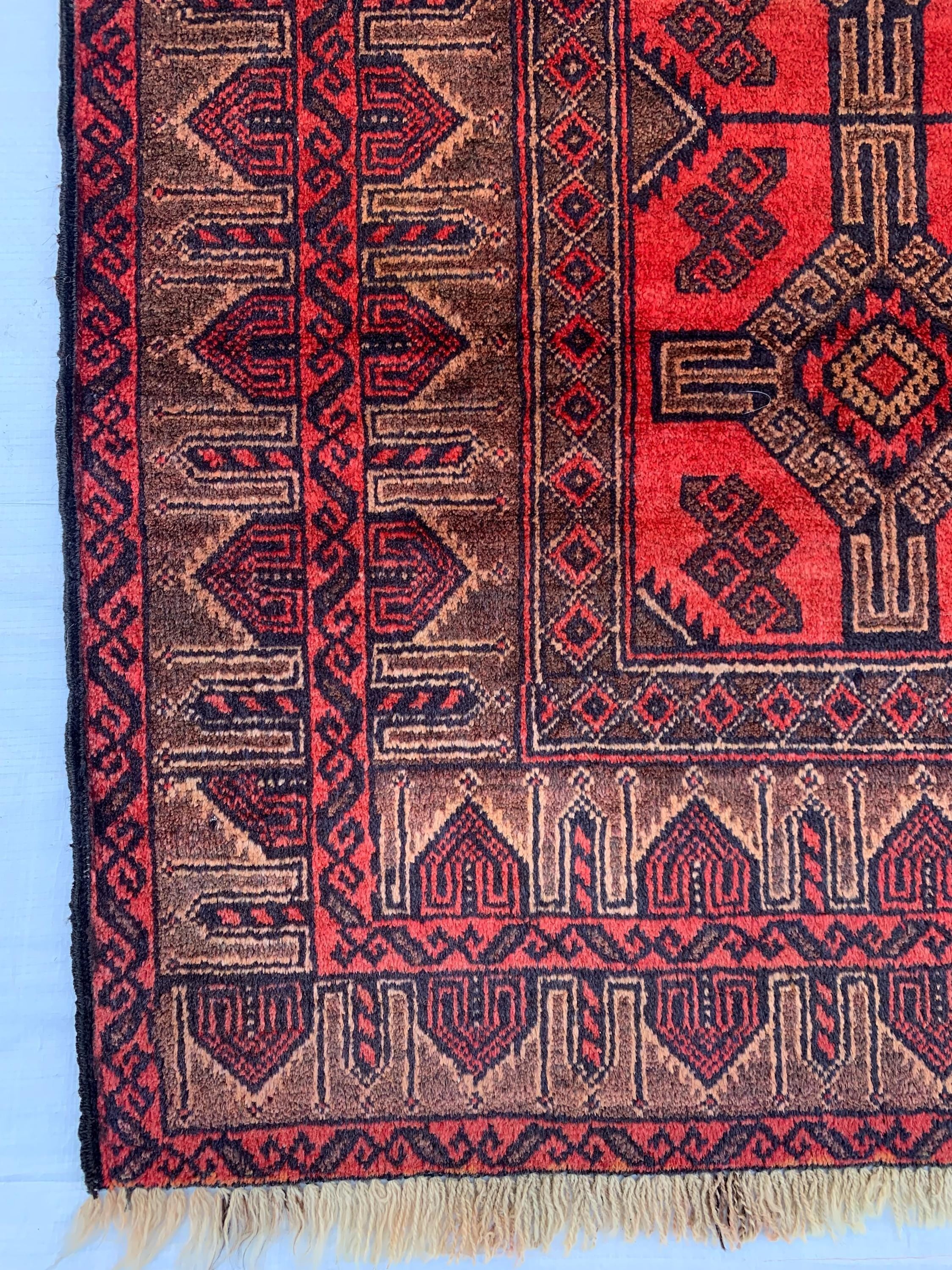 4x7 Vintage Afghan Bokhara Rug–Handmade Wool Carpet with Traditional Geometric Gul Design in Rich Red & Deep Brown, Hallway Rug 3.11x6.7 ft