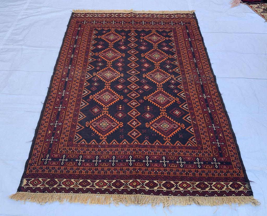 5x7 Vintage Surma Kilim – Handmade Afghan Flatweave Rug with Bold Geometric Patterns in Brown & Black – Living Room Rug, Rustic 4.7x6.7 ft