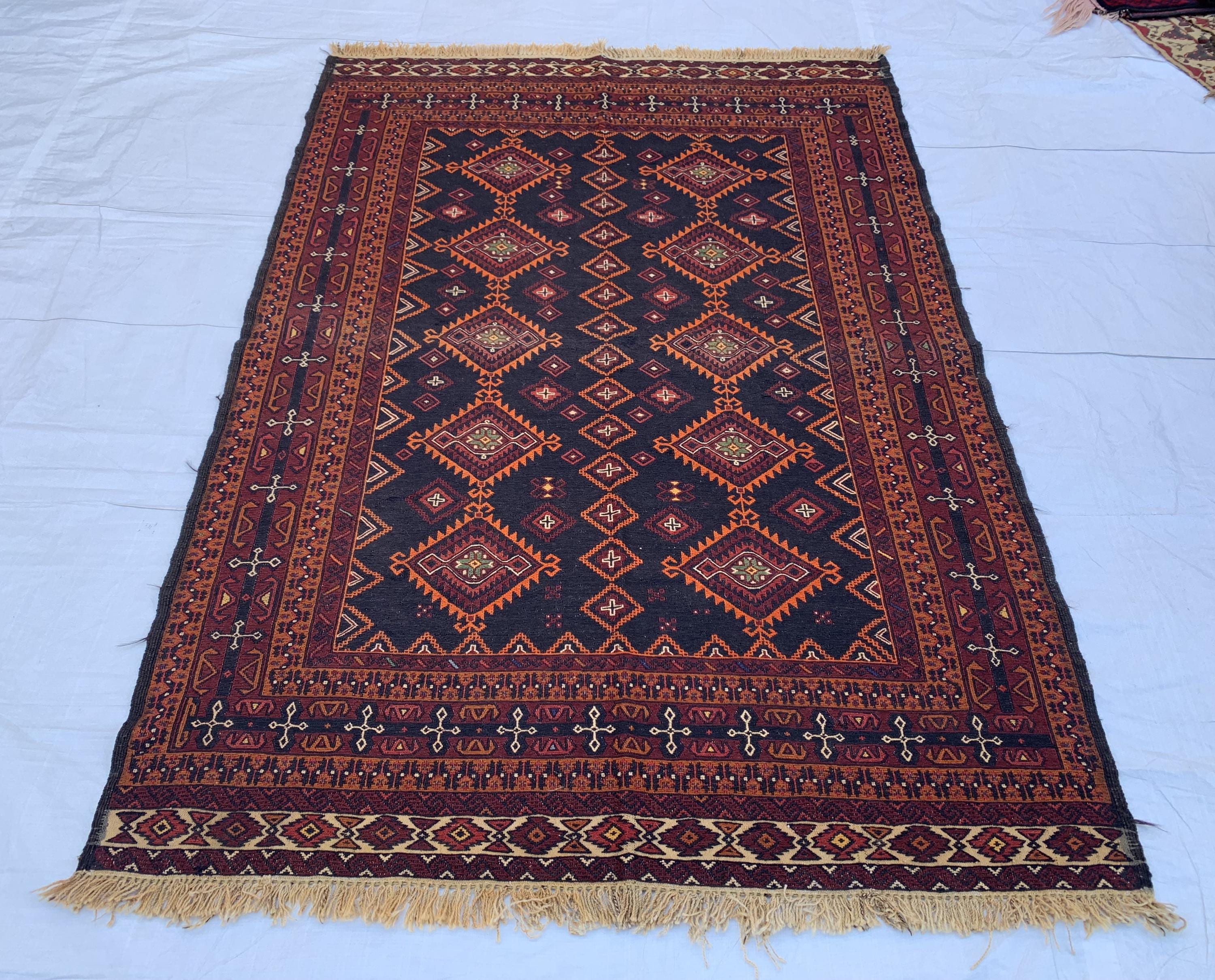 5x7 Vintage Surma Kilim – Handmade Afghan Flatweave Rug with Bold Geometric Patterns in Brown & Black – Living Room Rug, Rustic 4.7x6.7 ft