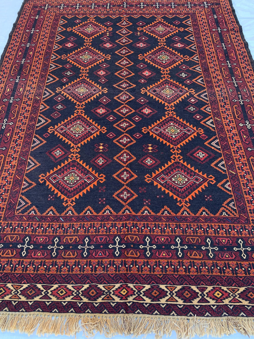 5x7 Vintage Surma Kilim – Handmade Afghan Flatweave Rug with Bold Geometric Patterns in Brown & Black – Living Room Rug, Rustic 4.7x6.7 ft