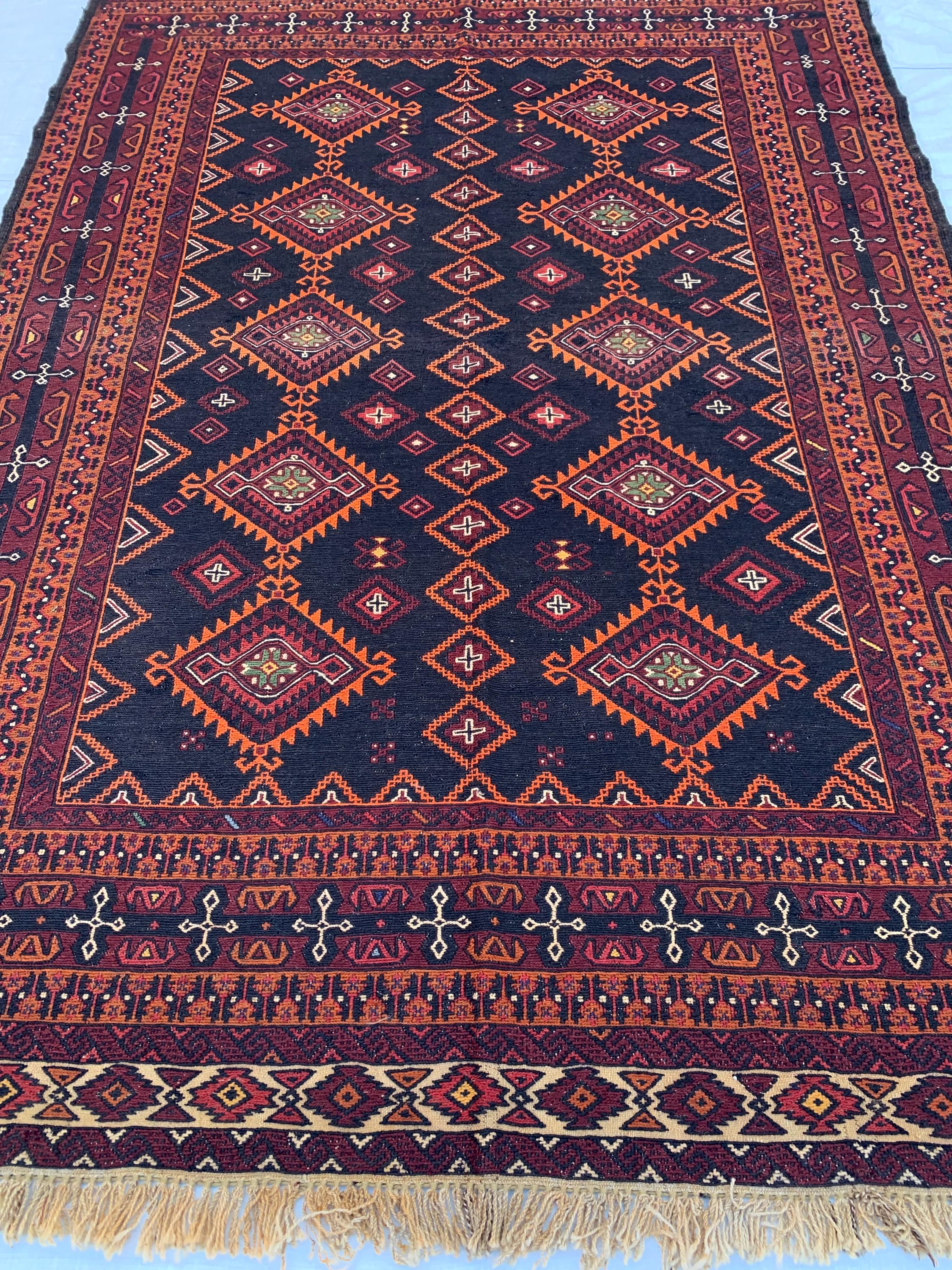 5x7 Vintage Surma Kilim – Handmade Afghan Flatweave Rug with Bold Geometric Patterns in Brown & Black – Living Room Rug, Rustic 4.7x6.7 ft