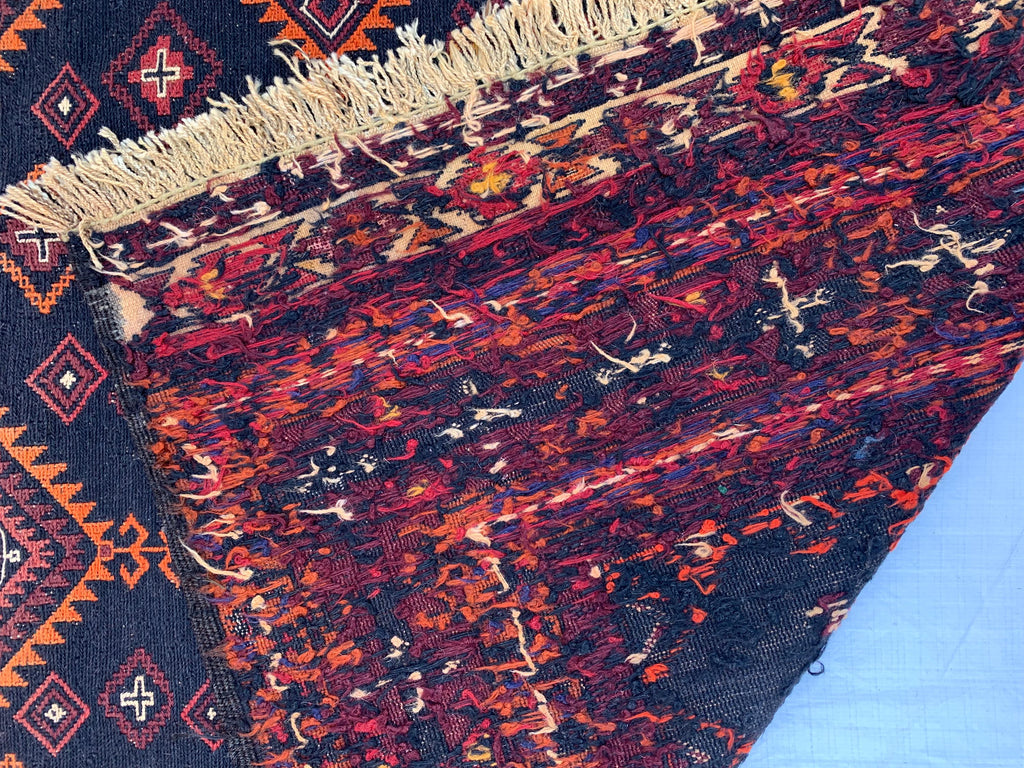 5x7 Vintage Surma Kilim – Handmade Afghan Flatweave Rug with Bold Geometric Patterns in Brown & Black – Living Room Rug, Rustic 4.7x6.7 ft