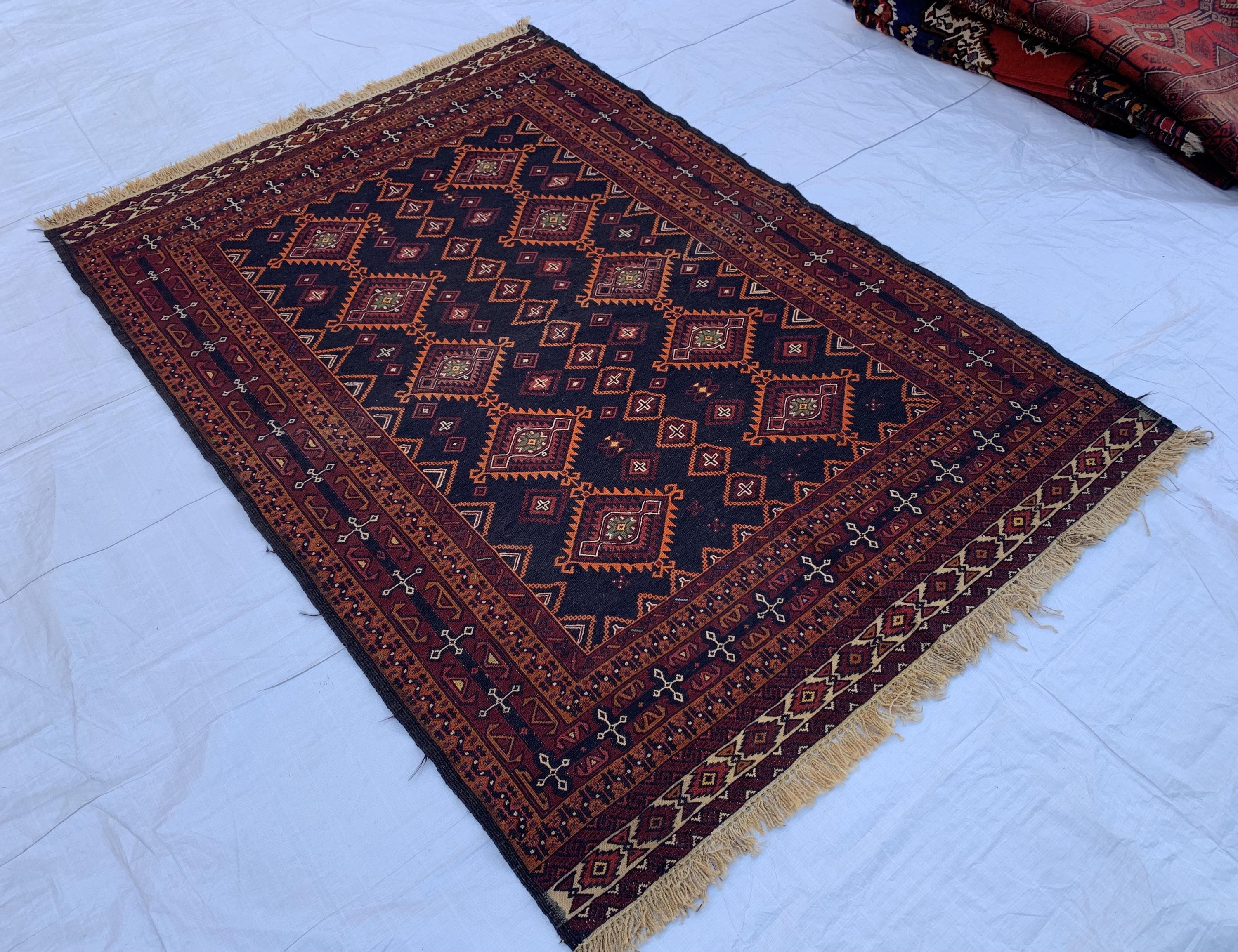 5x7 Vintage Surma Kilim – Handmade Afghan Flatweave Rug with Bold Geometric Patterns in Brown & Black – Living Room Rug, Rustic 4.7x6.7 ft