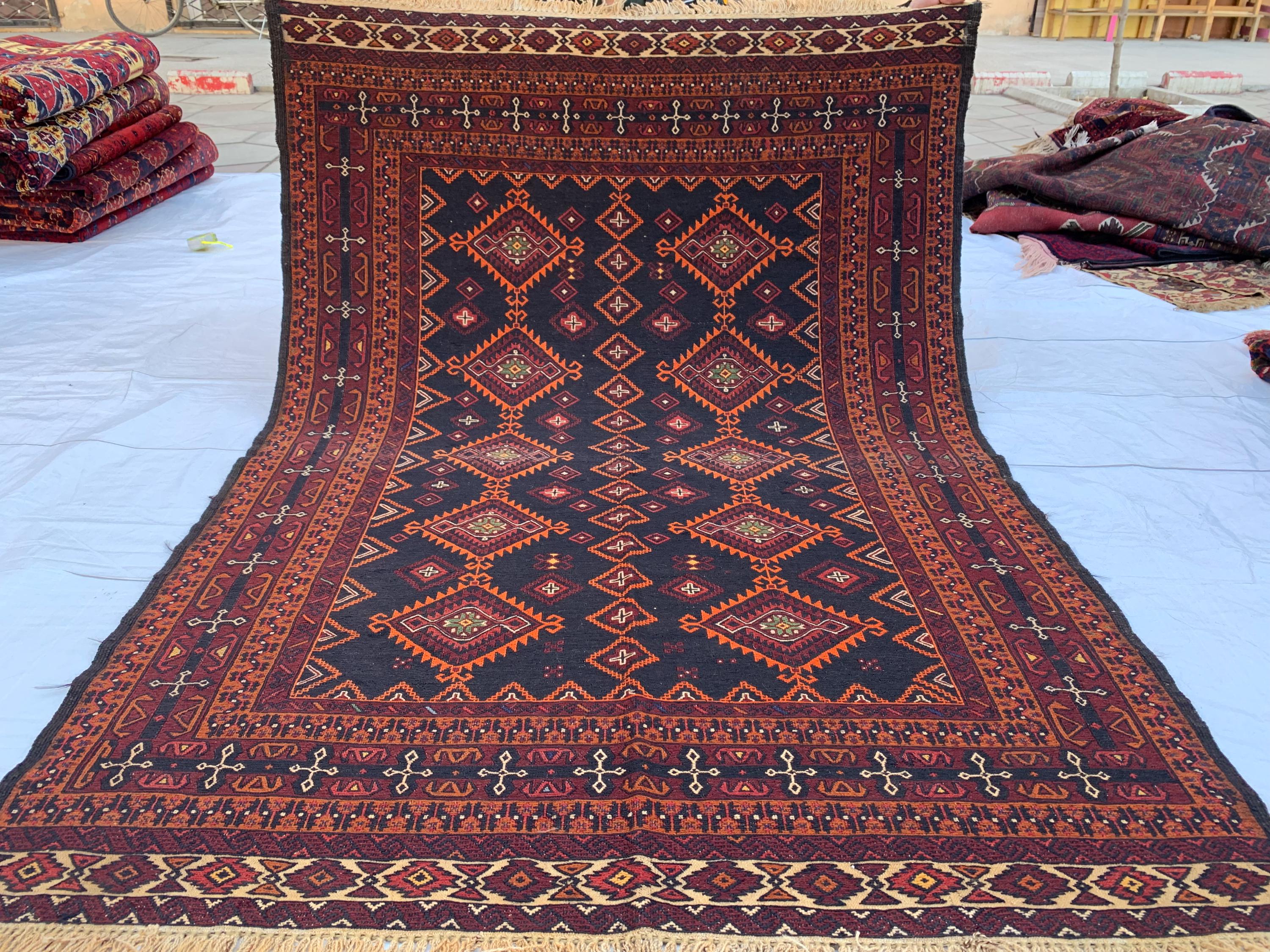 5x7 Vintage Surma Kilim – Handmade Afghan Flatweave Rug with Bold Geometric Patterns in Brown & Black – Living Room Rug, Rustic 4.7x6.7 ft