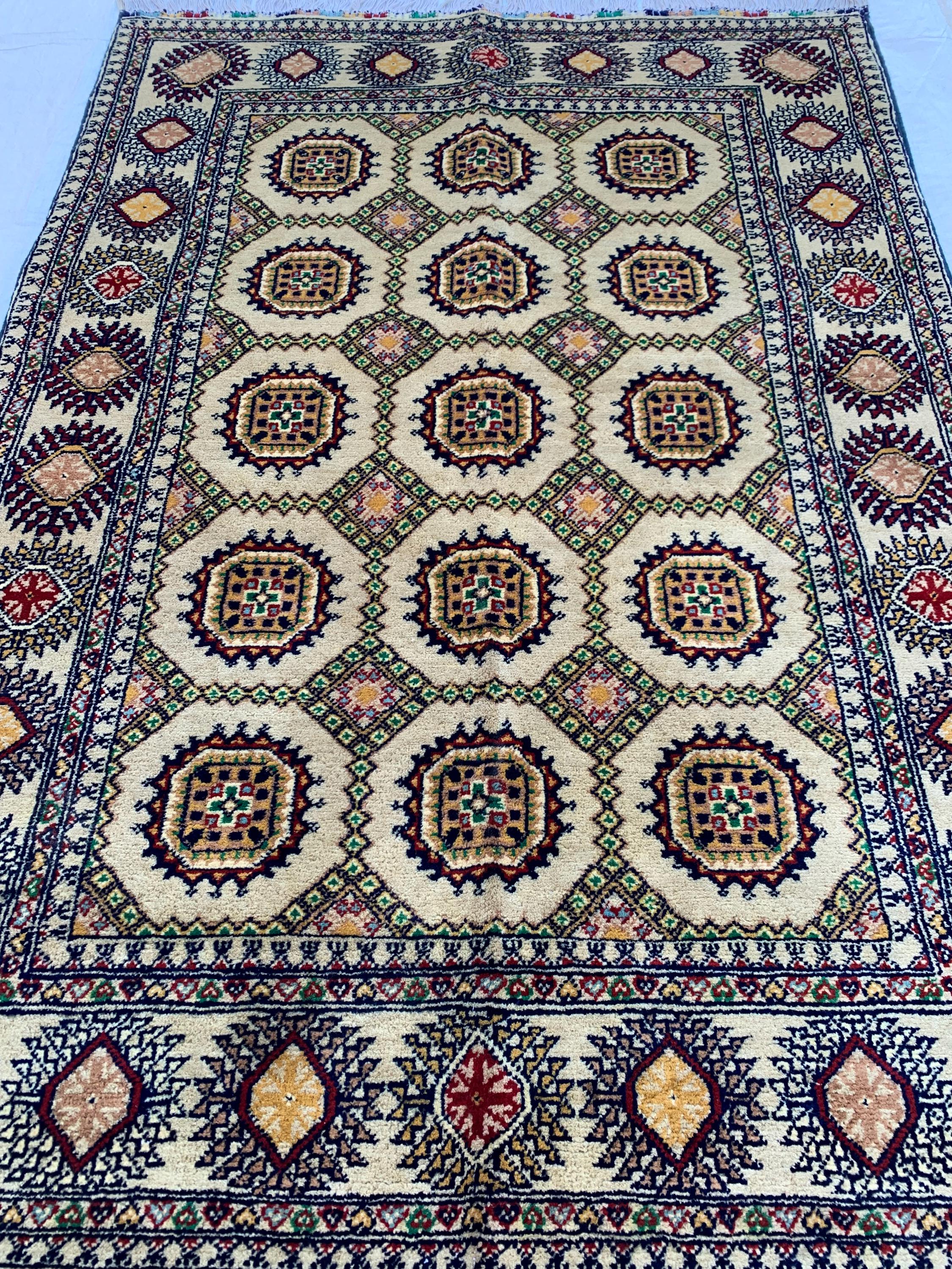 5x3 Handmade Ahal Gul Rug–Authentic Turkmen Tribal Carpet, Beige Wool Rug, Boho Home Decor, Unique Floor Covering 4.6x3.1 ft Bedroom Rug