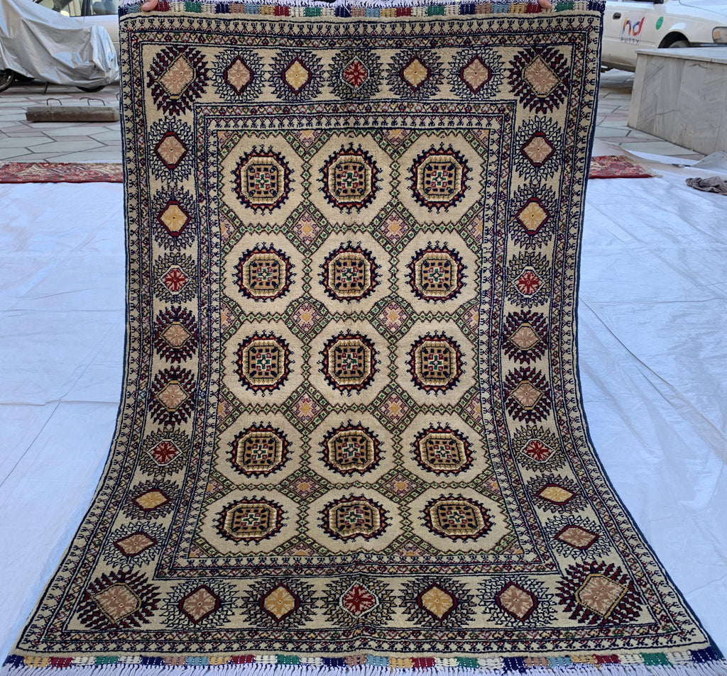 5x3 Handmade Ahal Gul Rug–Authentic Turkmen Tribal Carpet, Beige Wool Rug, Boho Home Decor, Unique Floor Covering 4.6x3.1 ft Bedroom Rug