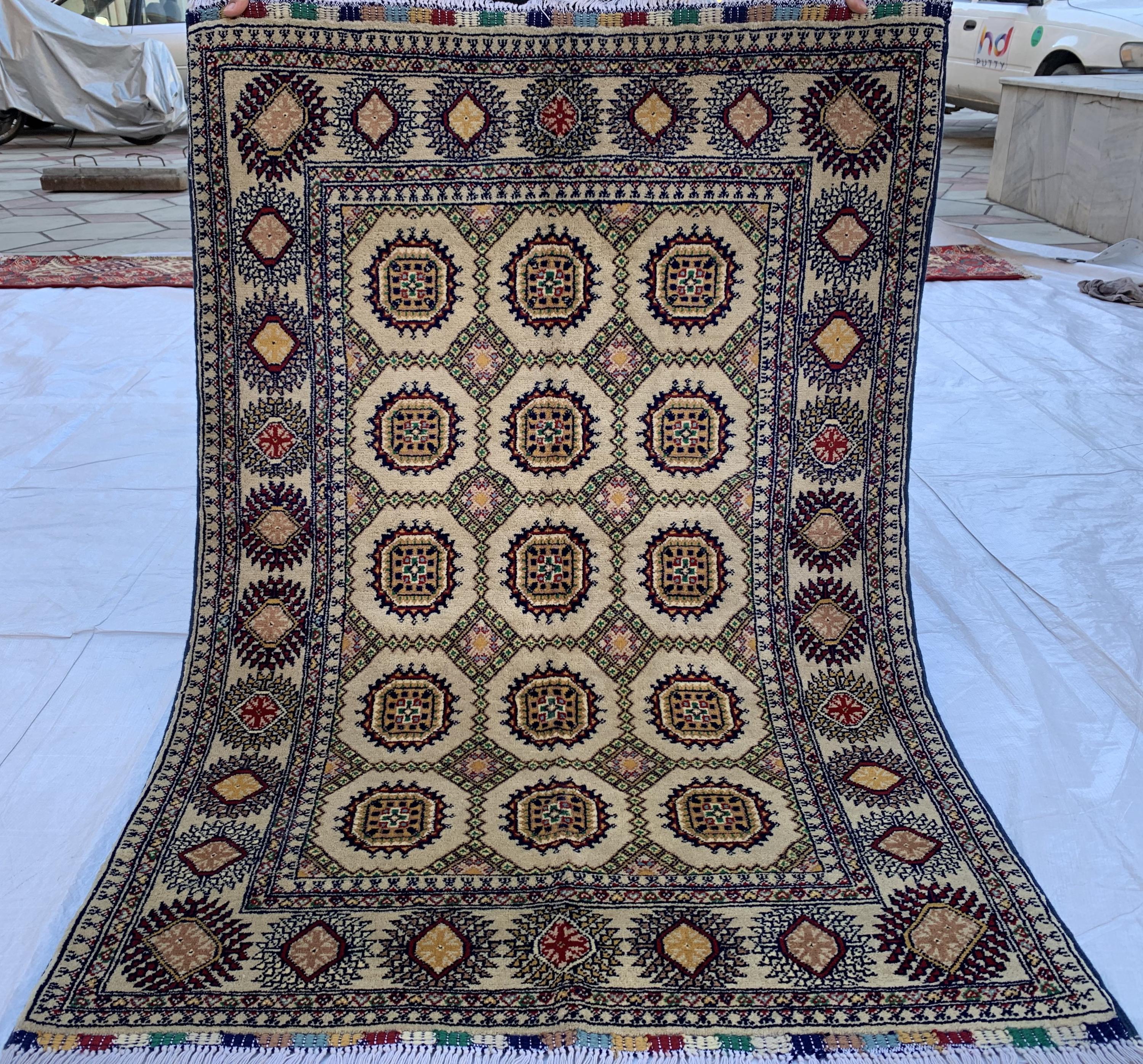 5x3 Handmade Ahal Gul Rug–Authentic Turkmen Tribal Carpet, Beige Wool Rug, Boho Home Decor, Unique Floor Covering 4.6x3.1 ft Bedroom Rug