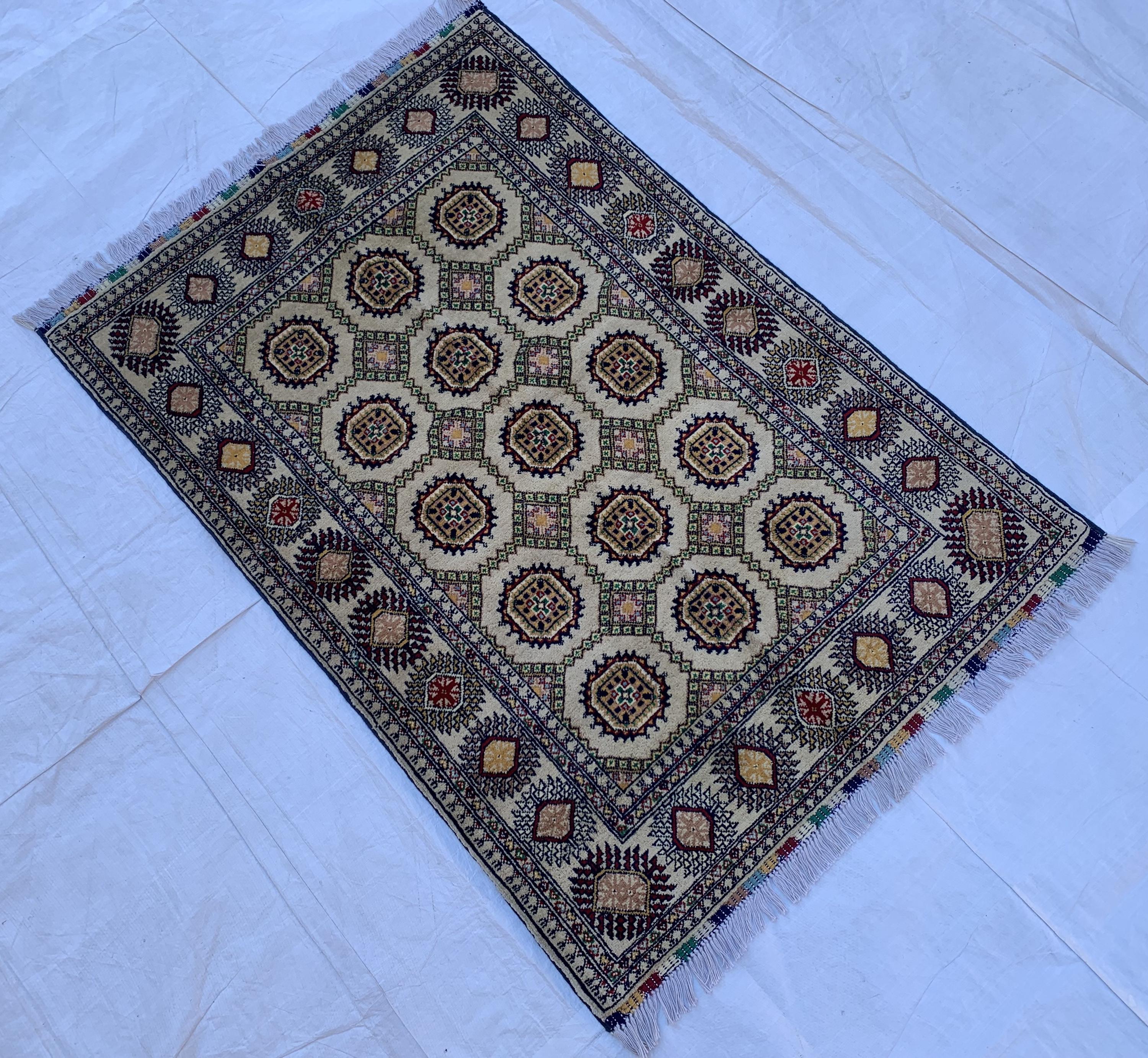 5x3 Handmade Ahal Gul Rug–Authentic Turkmen Tribal Carpet, Beige Wool Rug, Boho Home Decor, Unique Floor Covering 4.6x3.1 ft Bedroom Rug