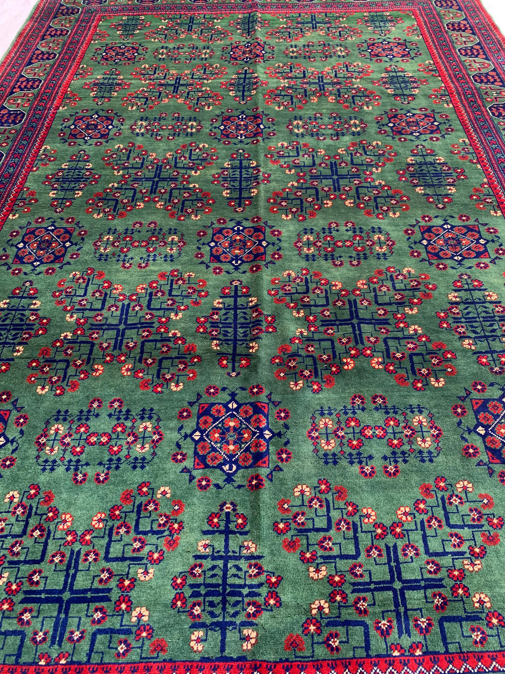 7x10 Green Khal Mohammadi Bukhara Rug– Afghan Tribal Carpet, Geometric Wool Rug, Rug for Living Room, Boho Chic Floor Decor 9.8x6.5 ft