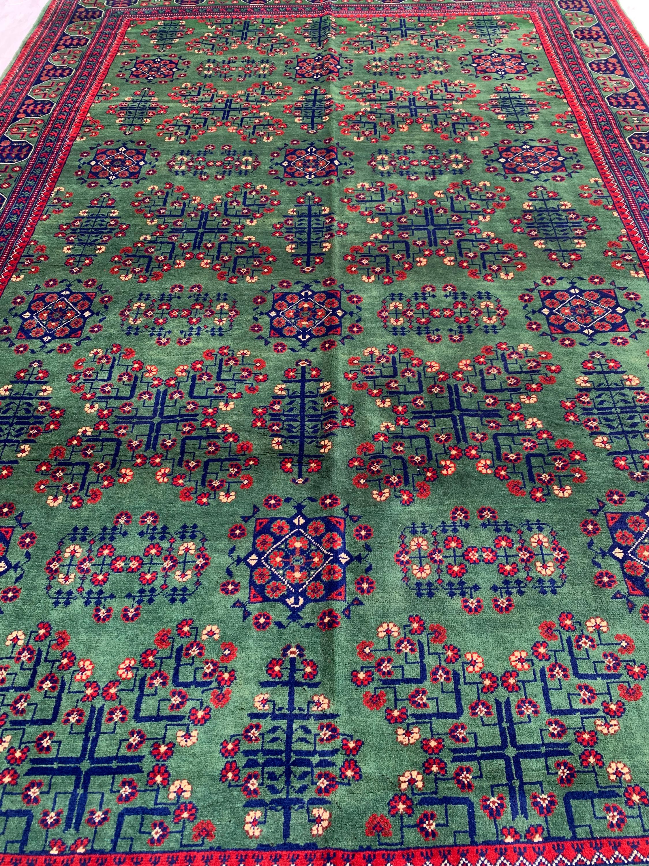 7x10 Green Khal Mohammadi Bukhara Rug– Afghan Tribal Carpet, Geometric Wool Rug, Rug for Living Room, Boho Chic Floor Decor 9.8x6.5 ft