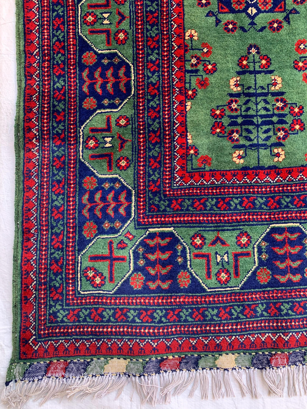 7x10 Green Khal Mohammadi Bukhara Rug– Afghan Tribal Carpet, Geometric Wool Rug, Rug for Living Room, Boho Chic Floor Decor 9.8x6.5 ft