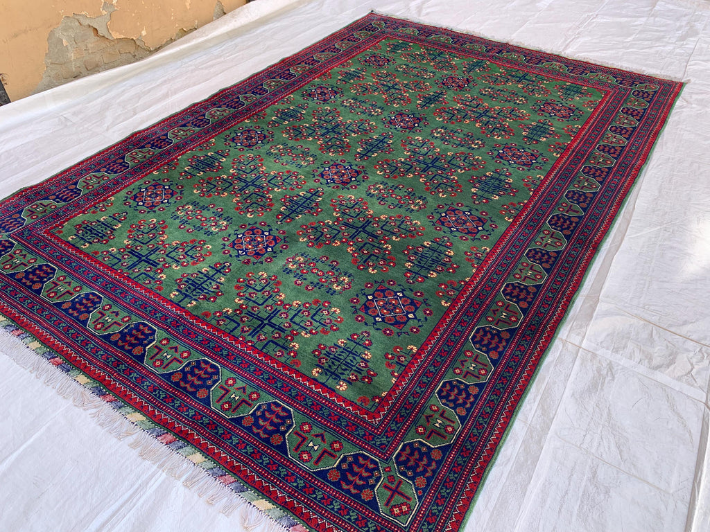 7x10 Green Khal Mohammadi Bukhara Rug– Afghan Tribal Carpet, Geometric Wool Rug, Rug for Living Room, Boho Chic Floor Decor 9.8x6.5 ft