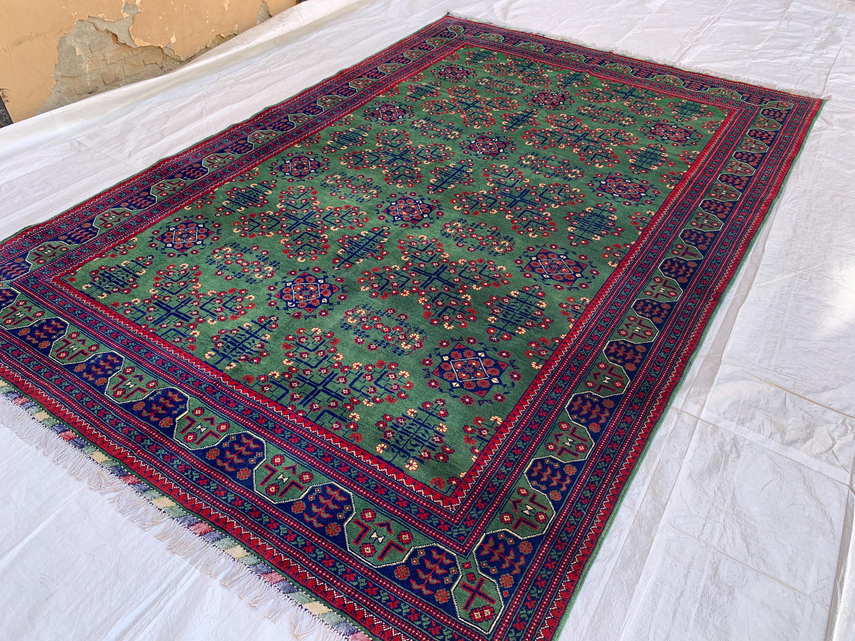 7x10 Green Khal Mohammadi Bukhara Rug– Afghan Tribal Carpet, Geometric Wool Rug, Rug for Living Room, Boho Chic Floor Decor 9.8x6.5 ft