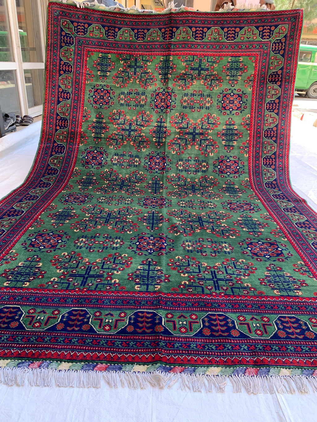 7x10 Green Khal Mohammadi Bukhara Rug– Afghan Tribal Carpet, Geometric Wool Rug, Rug for Living Room, Boho Chic Floor Decor 9.8x6.5 ft