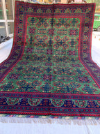 7x10 Green Khal Mohammadi Bukhara Rug– Afghan Tribal Carpet, Geometric Wool Rug, Rug for Living Room, Boho Chic Floor Decor 9.8x6.5 ft