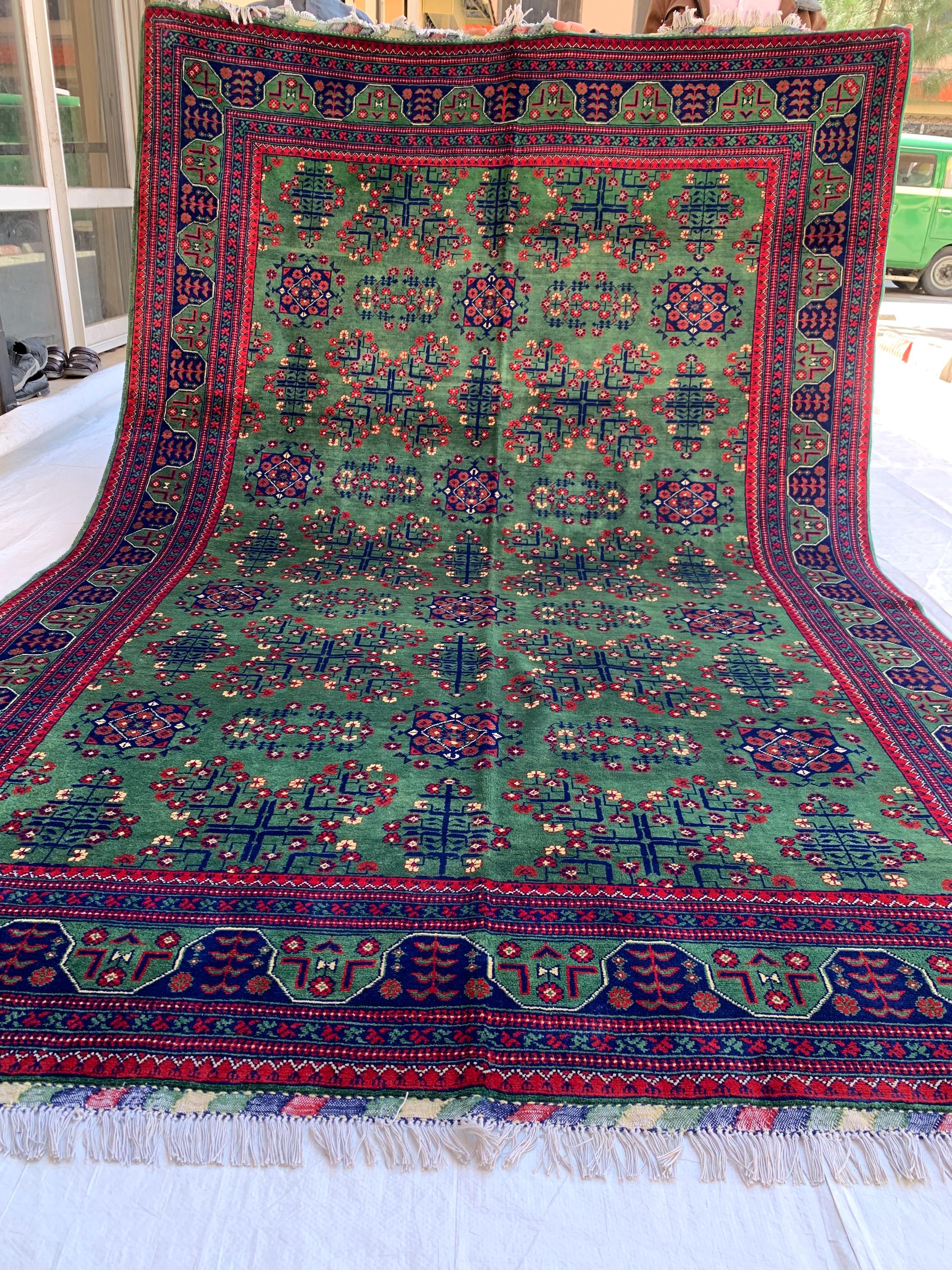 7x10 Green Khal Mohammadi Bukhara Rug– Afghan Tribal Carpet, Geometric Wool Rug, Rug for Living Room, Boho Chic Floor Decor 9.8x6.5 ft