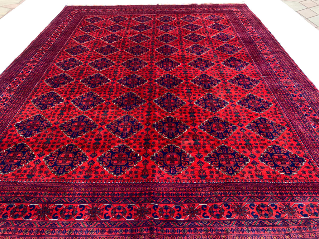 9x12 Hand-Knotted Khamyab Rug Red & Navy Blue Afghan Wool Carpet, Traditional Tribal Area Rug, Rug for Living Room, Dining Room 9.6x12.5 ft