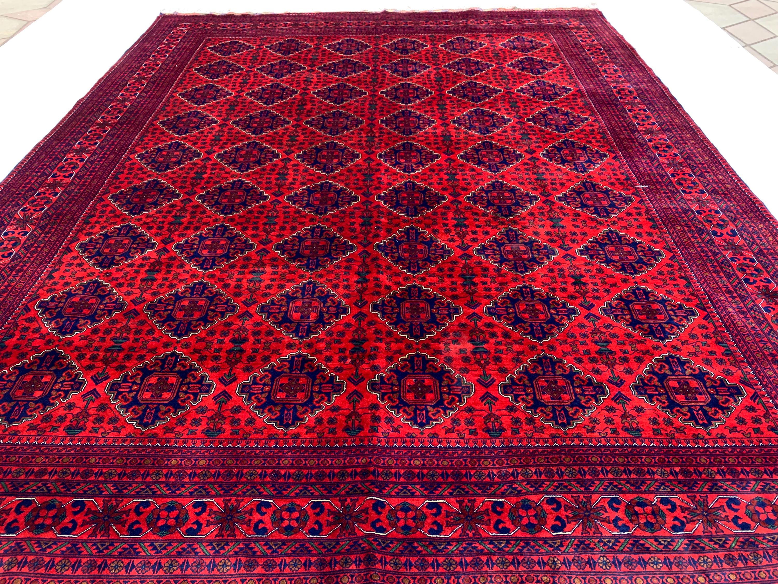 9x12 Hand-Knotted Khamyab Rug Red & Navy Blue Afghan Wool Carpet, Traditional Tribal Area Rug, Rug for Living Room, Dining Room 9.6x12.5 ft