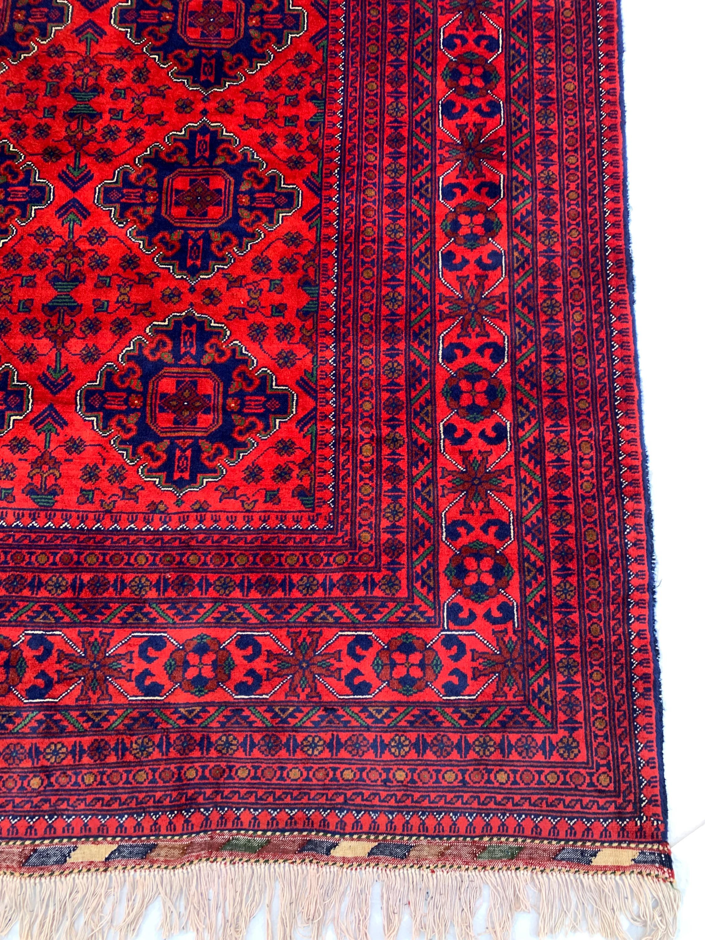 9x12 Hand-Knotted Khamyab Rug Red & Navy Blue Afghan Wool Carpet, Traditional Tribal Area Rug, Rug for Living Room, Dining Room 9.6x12.5 ft