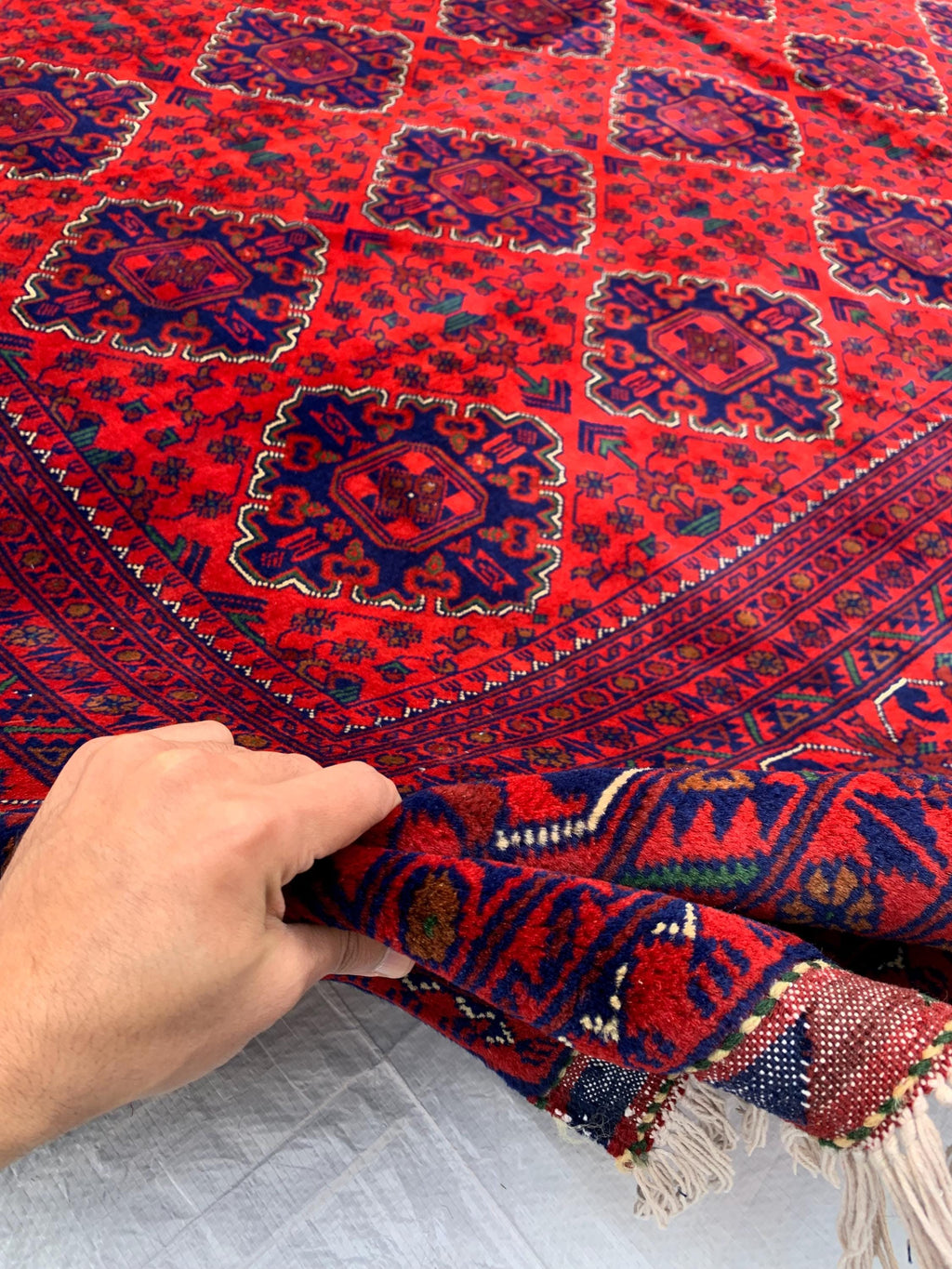 9x12 Hand-Knotted Khamyab Rug Red & Navy Blue Afghan Wool Carpet, Traditional Tribal Area Rug, Rug for Living Room, Dining Room 9.6x12.5 ft