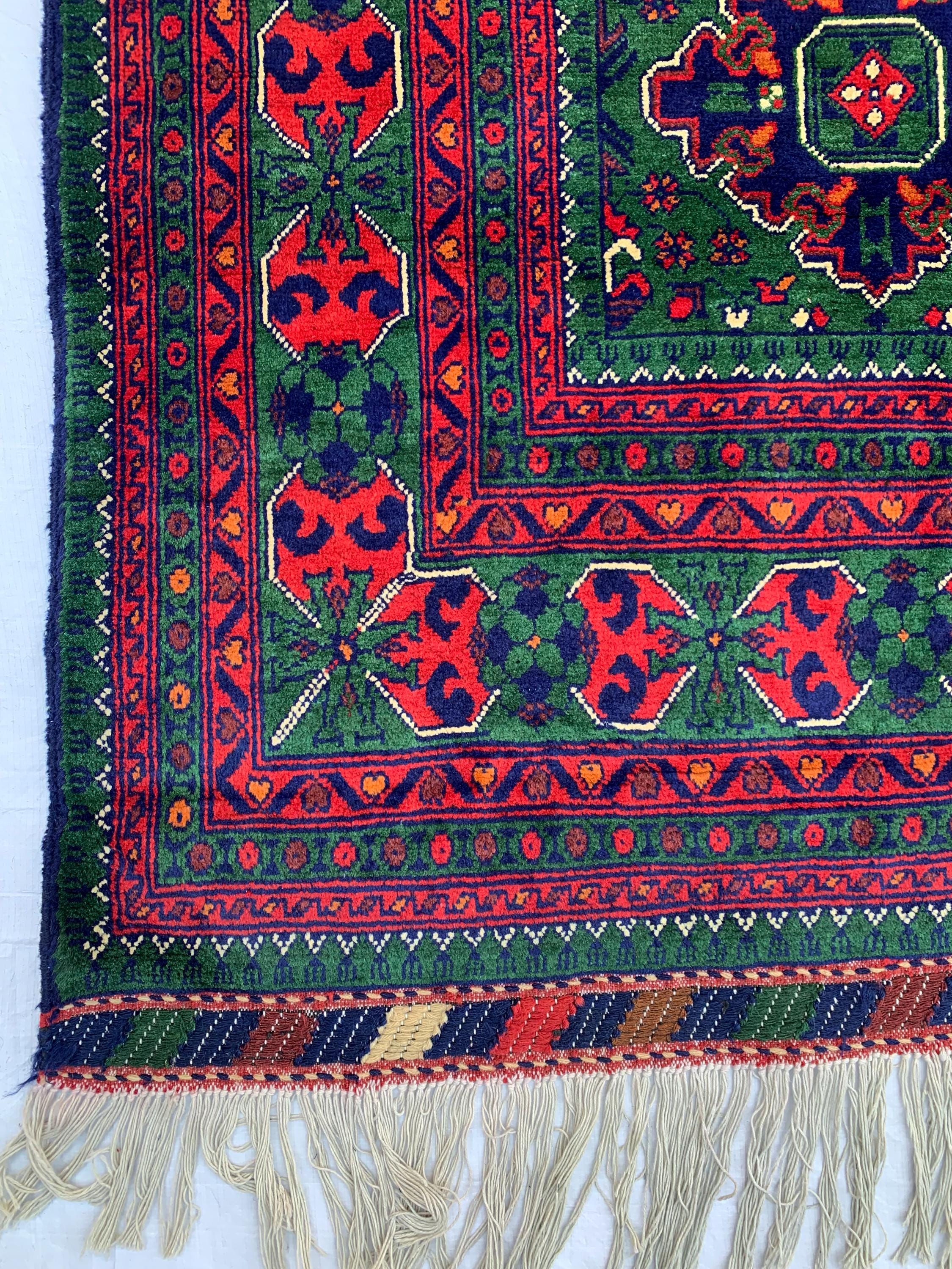 10x12 Hand-Knotted Deep Green, Red and Blue, Soft and Durable Afghan Wool Carpet, Tribal Oriental Area Rug, Rug For Living Room, 11.5x9.6