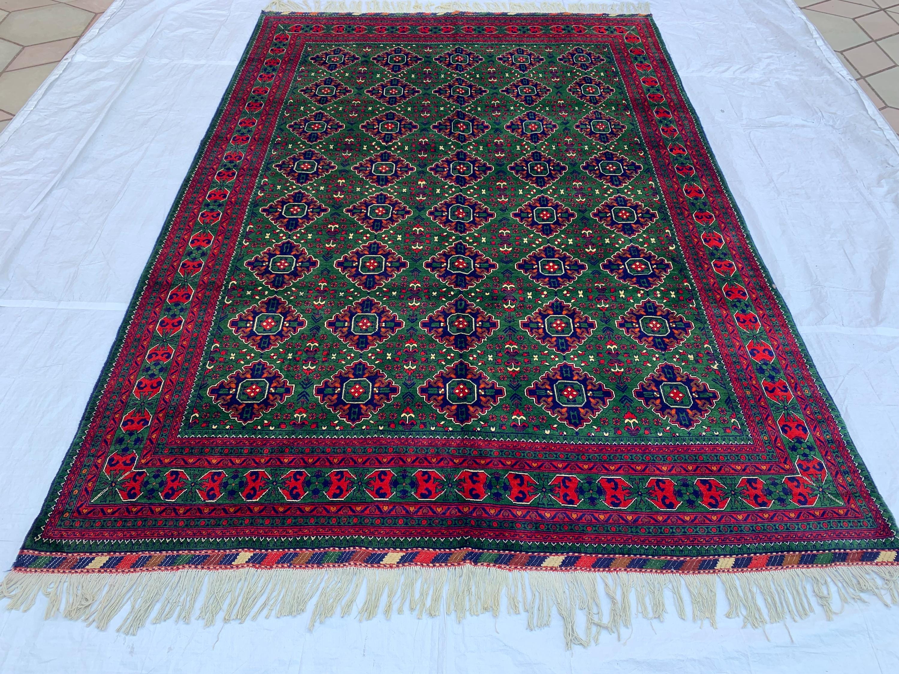 10x12 Hand-Knotted Deep Green, Red and Blue, Soft and Durable Afghan Wool Carpet, Tribal Oriental Area Rug, Rug For Living Room, 11.5x9.6