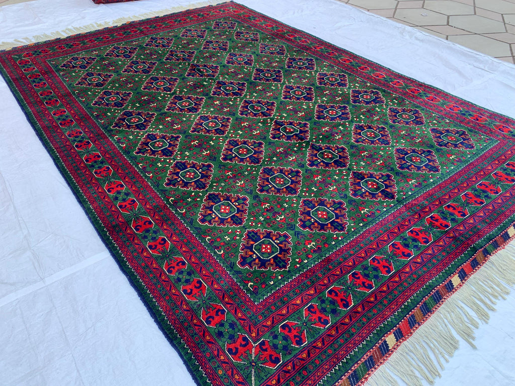 10x12 Hand-Knotted Deep Green, Red and Blue, Soft and Durable Afghan Wool Carpet, Tribal Oriental Area Rug, Rug For Living Room, 11.5x9.6