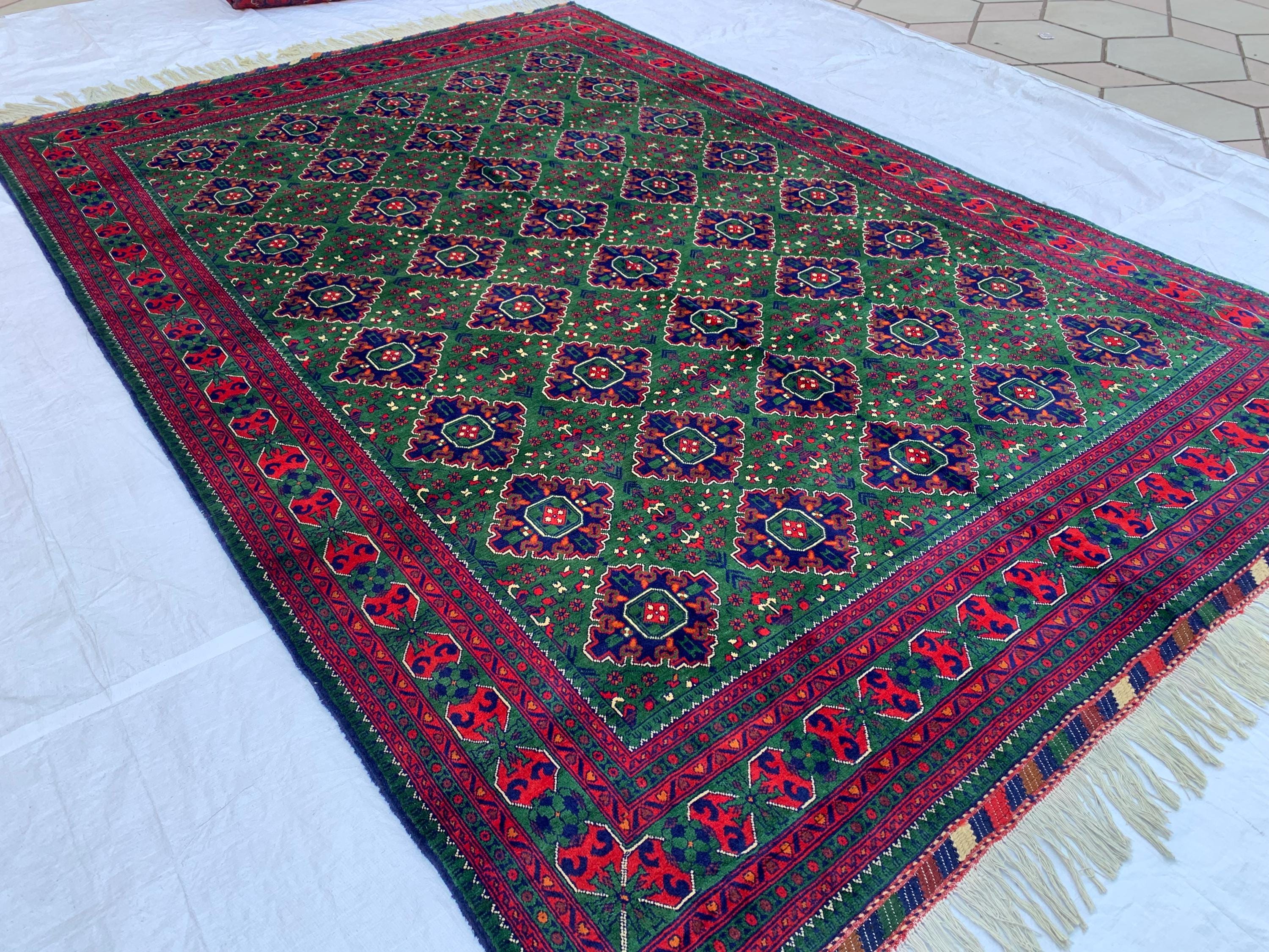 10x12 Hand-Knotted Deep Green, Red and Blue, Soft and Durable Afghan Wool Carpet, Tribal Oriental Area Rug, Rug For Living Room, 11.5x9.6