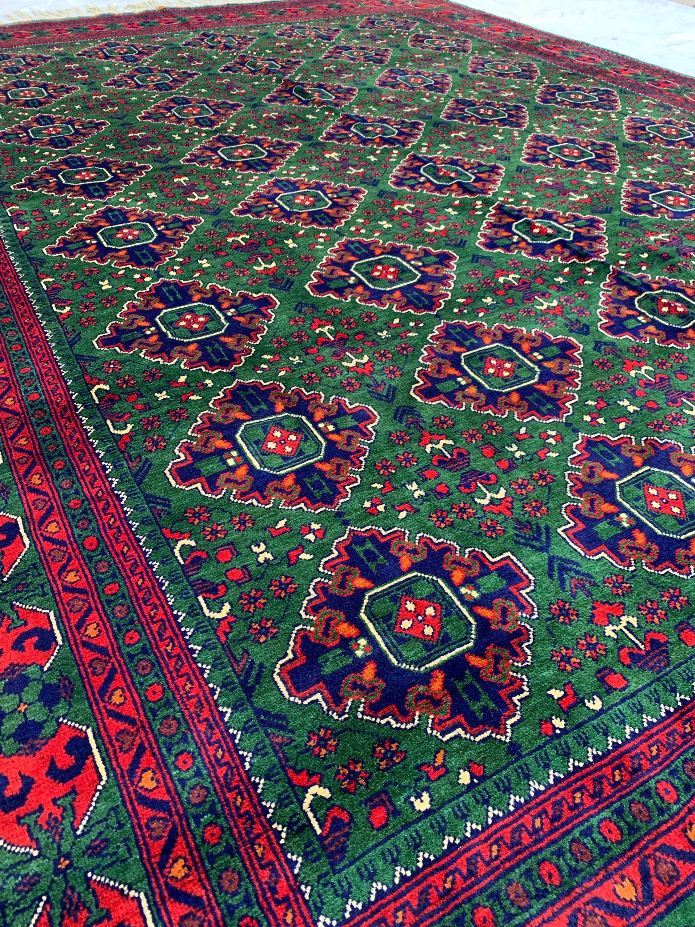 10x12 Hand-Knotted Deep Green, Red and Blue, Soft and Durable Afghan Wool Carpet, Tribal Oriental Area Rug, Rug For Living Room, 11.5x9.6
