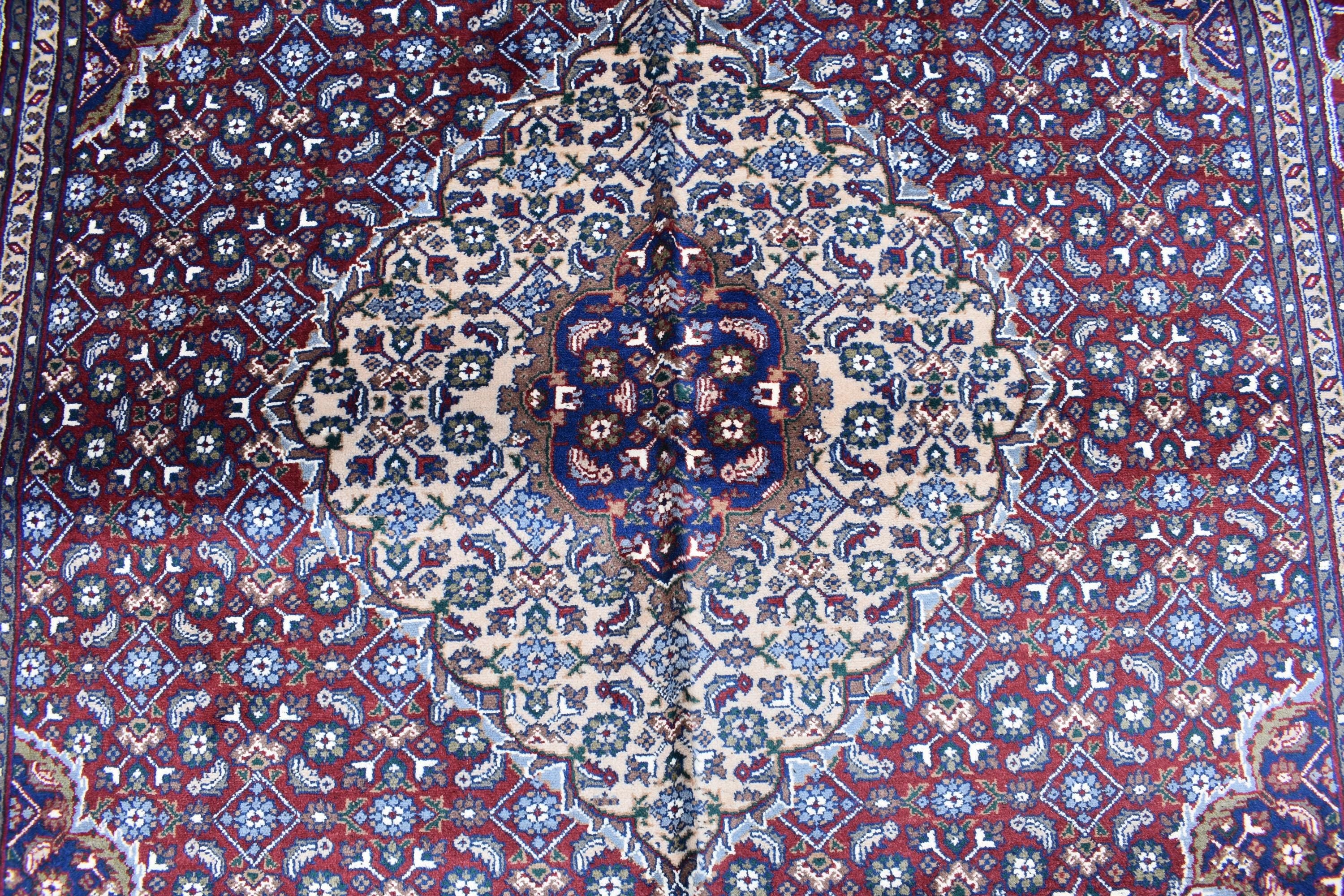 7x10 Hand-Knotted Red & Navy Blue Tabriz Rug – Afghan Wool Area Carpet, Persian Style Rug, Rug for Living Room, Bedroom Rug 9’10” x 6’7 ft