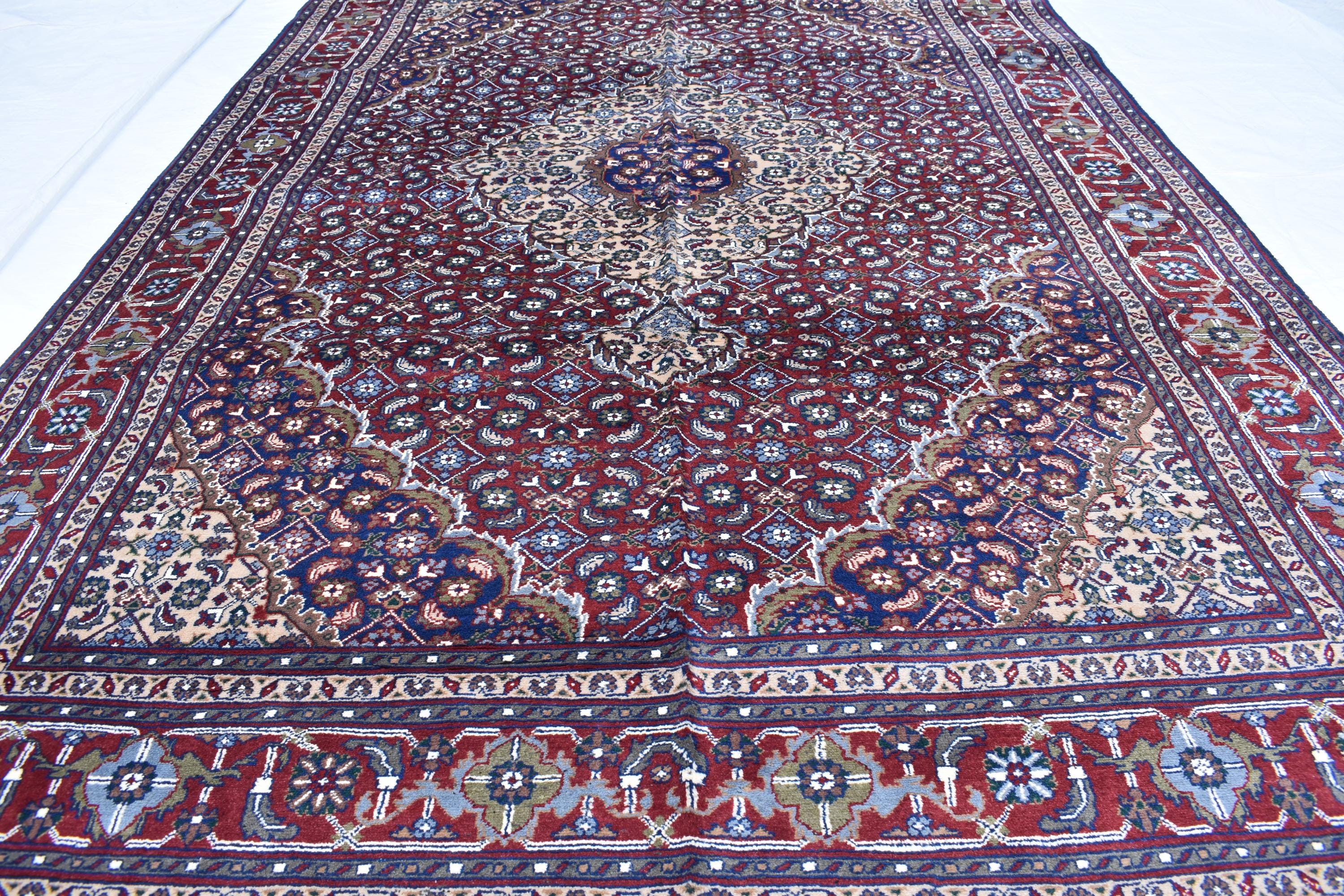 7x10 Hand-Knotted Red & Navy Blue Tabriz Rug – Afghan Wool Area Carpet, Persian Style Rug, Rug for Living Room, Bedroom Rug 9’10” x 6’7 ft