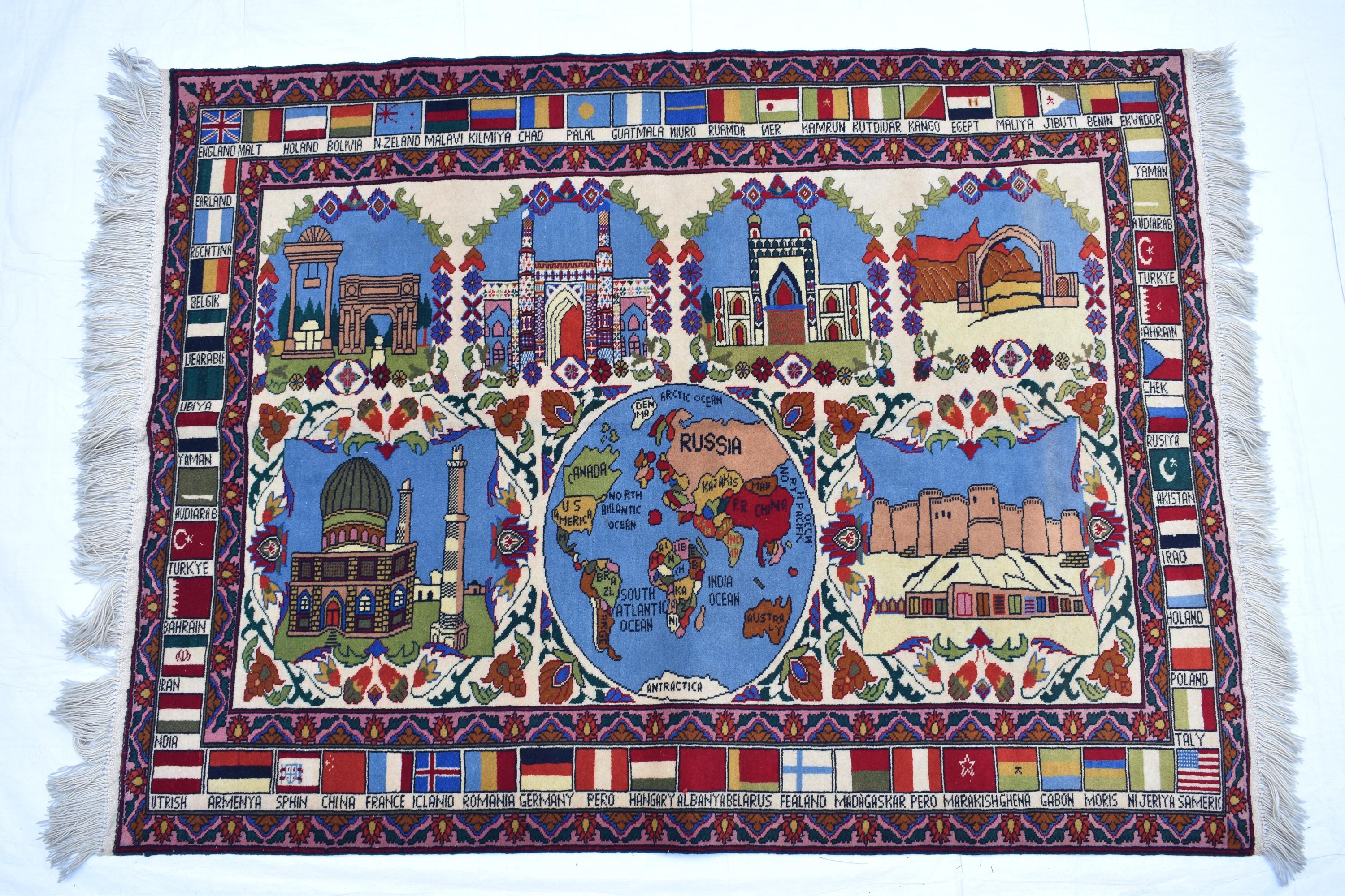 Pictorial Rug Handmade Afghan – 5.5x4.1 ft | World Map & Architecture Design | Wool War Carpet | Collectible Vintage Rug, Perfect For Office