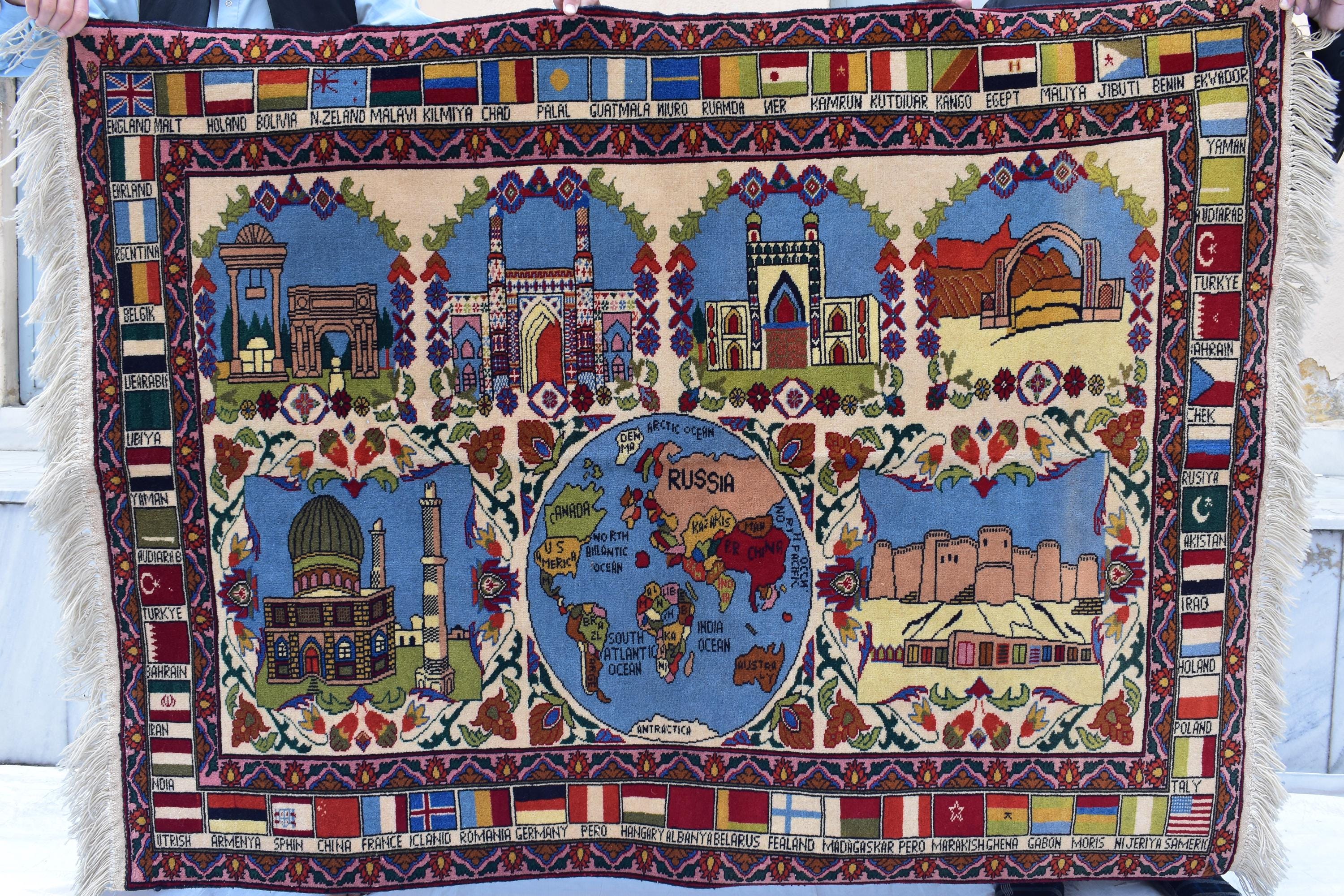 Pictorial Rug Handmade Afghan – 5.5x4.1 ft | World Map & Architecture Design | Wool War Carpet | Collectible Vintage Rug, Perfect For Office