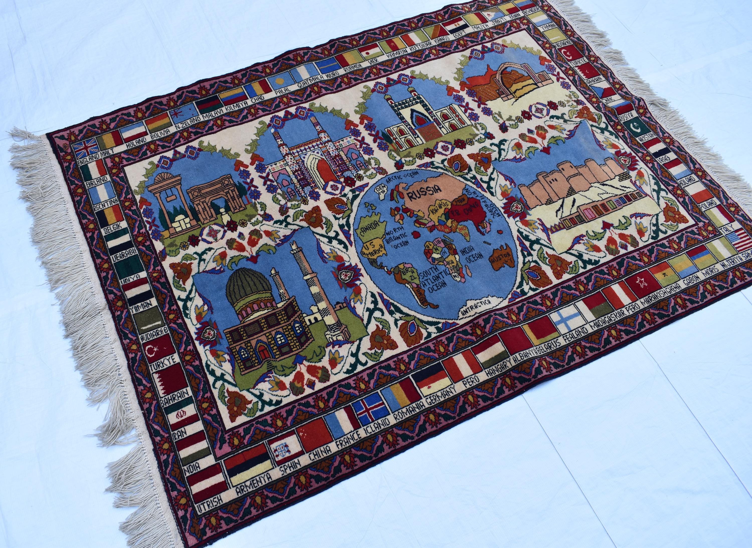 Pictorial Rug Handmade Afghan – 5.5x4.1 ft | World Map & Architecture Design | Wool War Carpet | Collectible Vintage Rug, Perfect For Office
