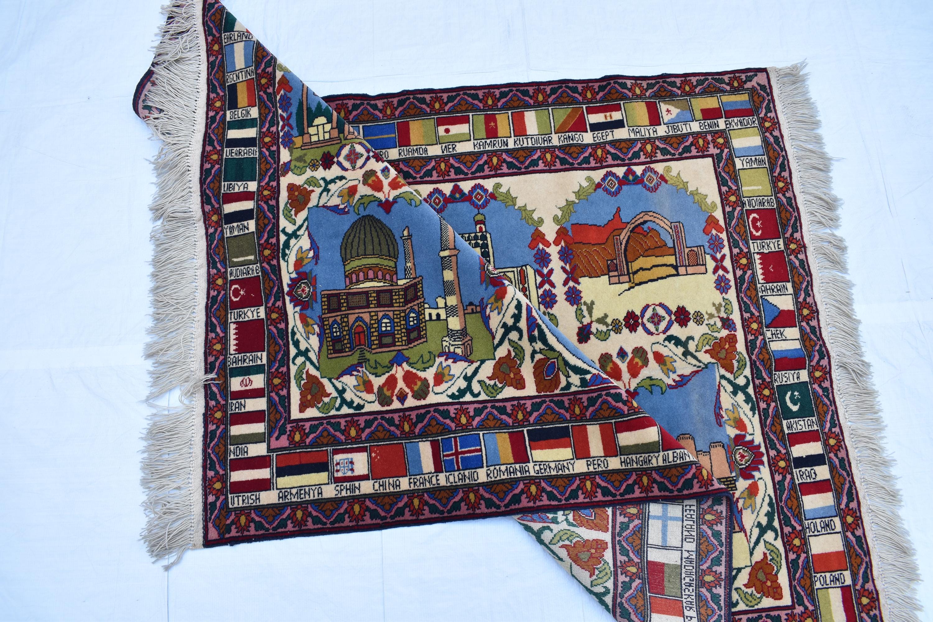 Pictorial Rug Handmade Afghan – 5.5x4.1 ft | World Map & Architecture Design | Wool War Carpet | Collectible Vintage Rug, Perfect For Office