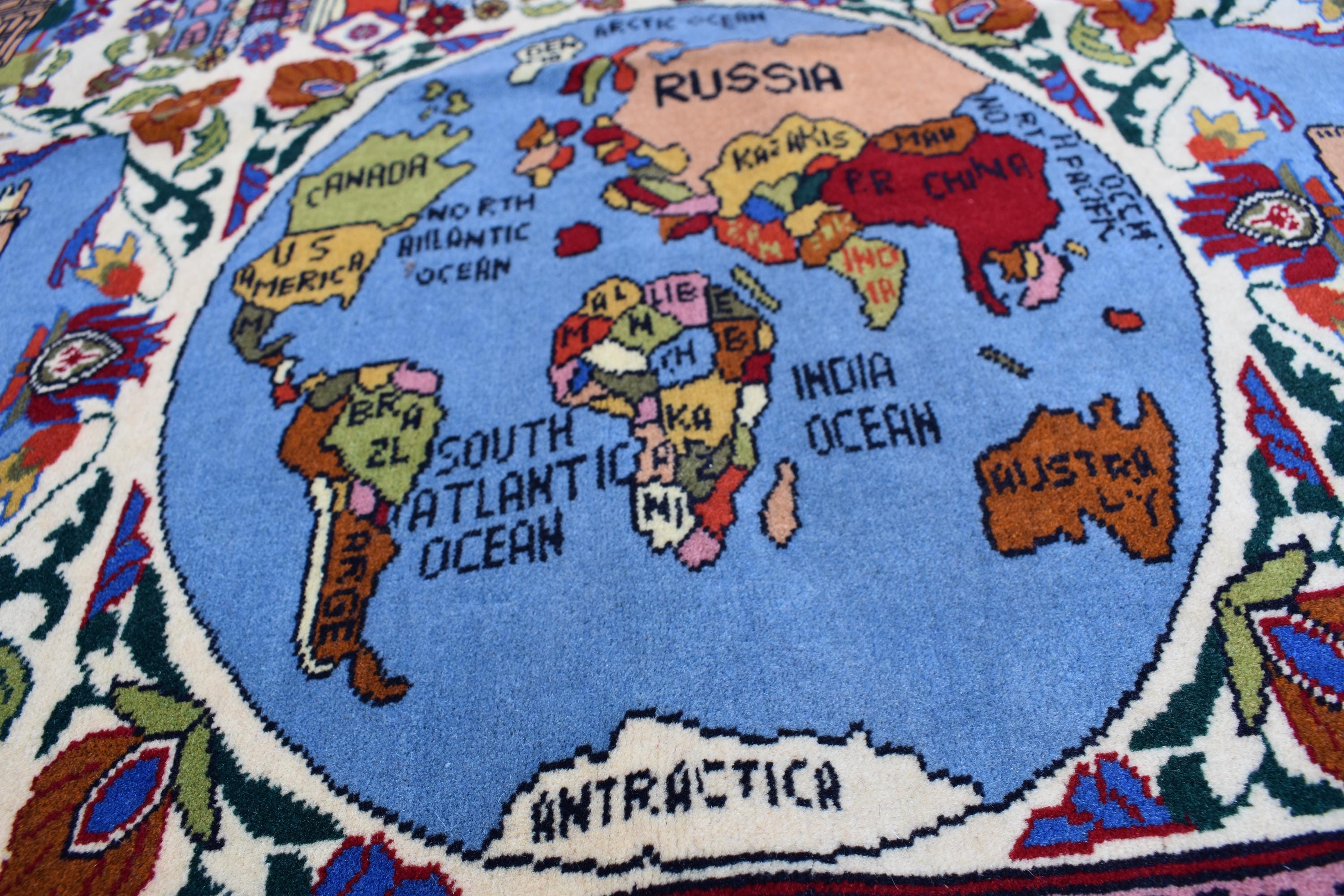Pictorial Rug Handmade Afghan – 5.5x4.1 ft | World Map & Architecture Design | Wool War Carpet | Collectible Vintage Rug, Perfect For Office