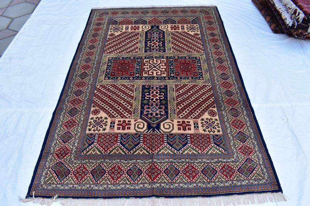 7x10 Caucasian Kazak Handwoven Rug – Soft Wool, Geometric Tribal Design, Cross Pattern Rug, Rug for Living Room Bedroom Rug 6.7x10 ft