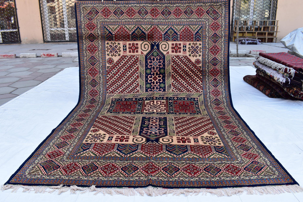 7x10 Caucasian Kazak Handwoven Rug – Soft Wool, Geometric Tribal Design, Cross Pattern Rug, Rug for Living Room Bedroom Rug 6.7x10 ft