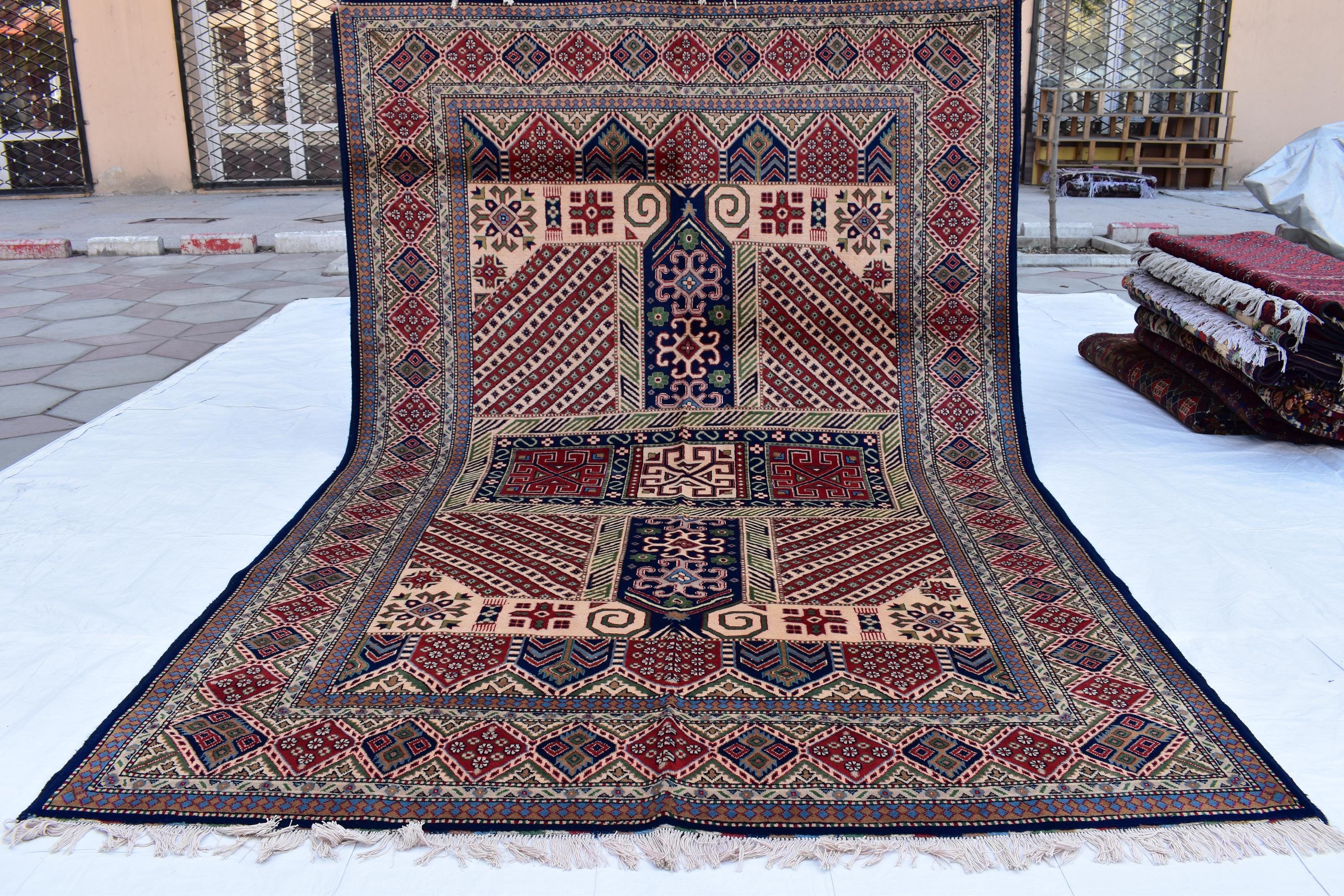 7x10 Caucasian Kazak Handwoven Rug – Soft Wool, Geometric Tribal Design, Cross Pattern Rug, Rug for Living Room Bedroom Rug 6.7x10 ft