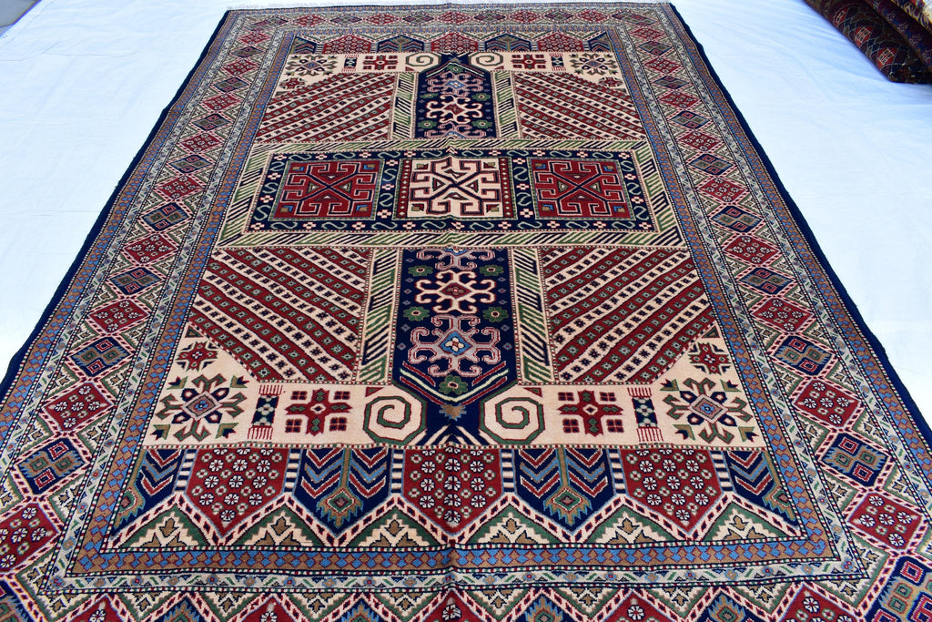 7x10 Caucasian Kazak Handwoven Rug – Soft Wool, Geometric Tribal Design, Cross Pattern Rug, Rug for Living Room Bedroom Rug 6.7x10 ft