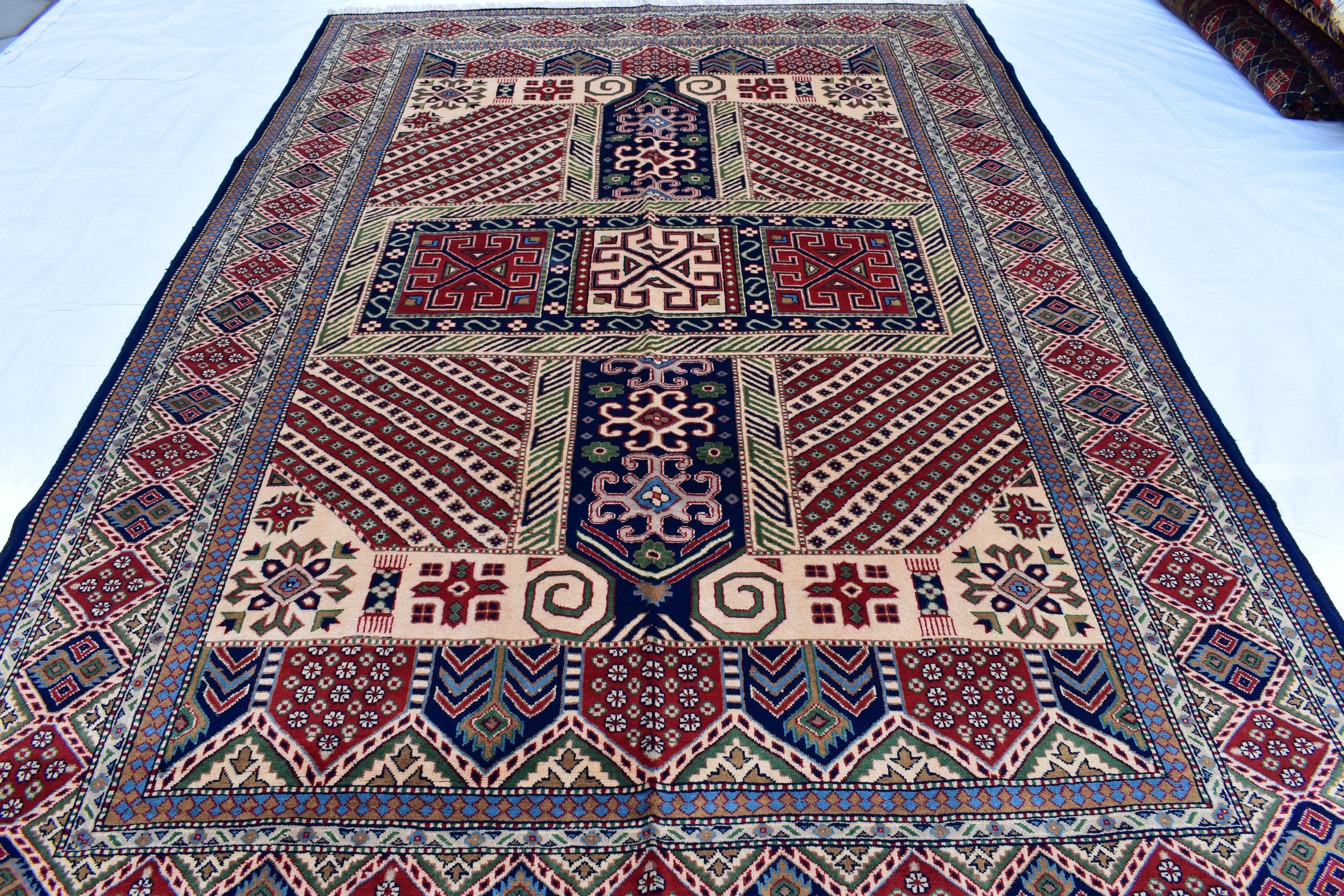 7x10 Caucasian Kazak Handwoven Rug – Soft Wool, Geometric Tribal Design, Cross Pattern Rug, Rug for Living Room Bedroom Rug 6.7x10 ft