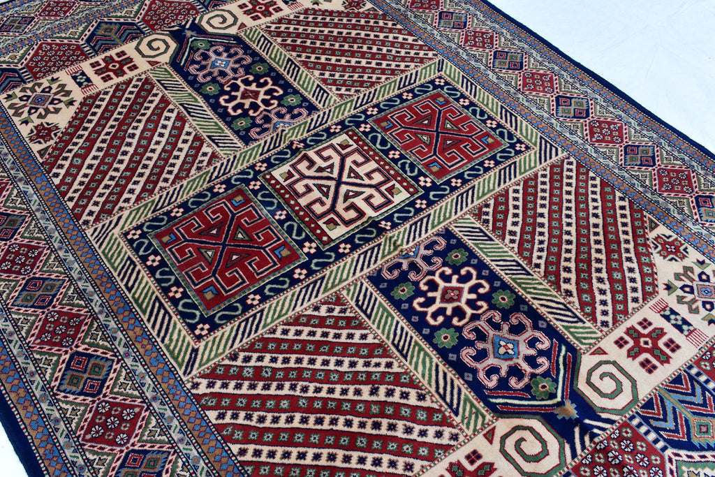 7x10 Caucasian Kazak Handwoven Rug – Soft Wool, Geometric Tribal Design, Cross Pattern Rug, Rug for Living Room Bedroom Rug 6.7x10 ft