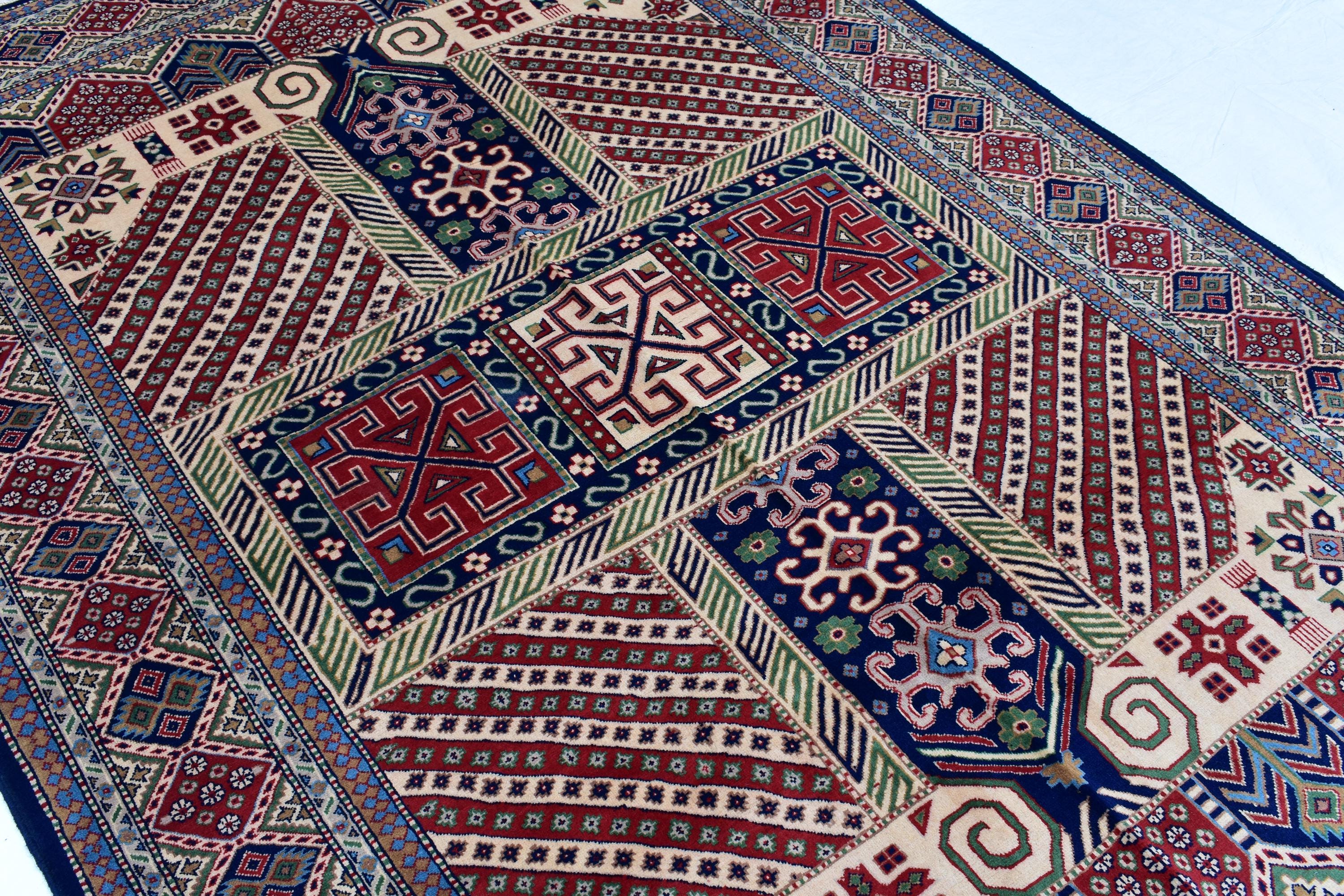 7x10 Caucasian Kazak Handwoven Rug – Soft Wool, Geometric Tribal Design, Cross Pattern Rug, Rug for Living Room Bedroom Rug 6.7x10 ft