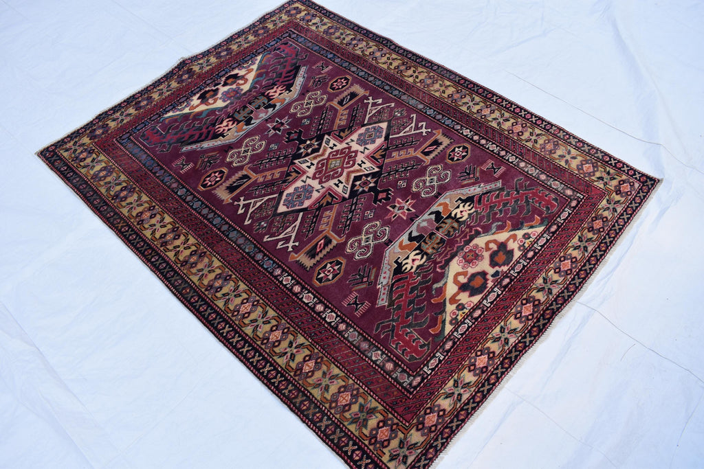 4x5 Vintage Afghan Tribal Rug - Handmade Kazak Wool Rug - Geometric Nomadic Carpet, Collectible Rare Rug, Caucasian Pattern, Burgundy Red
