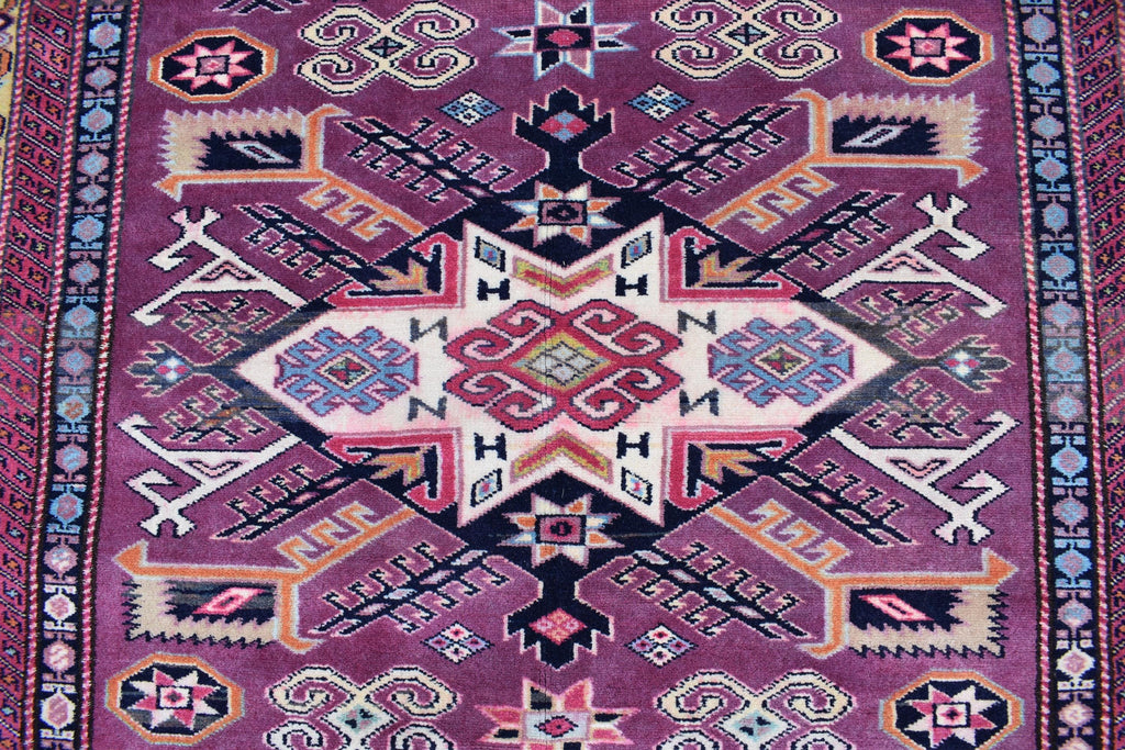 4x5 Vintage Afghan Tribal Rug - Handmade Kazak Wool Rug - Geometric Nomadic Carpet, Collectible Rare Rug, Caucasian Pattern, Burgundy Red
