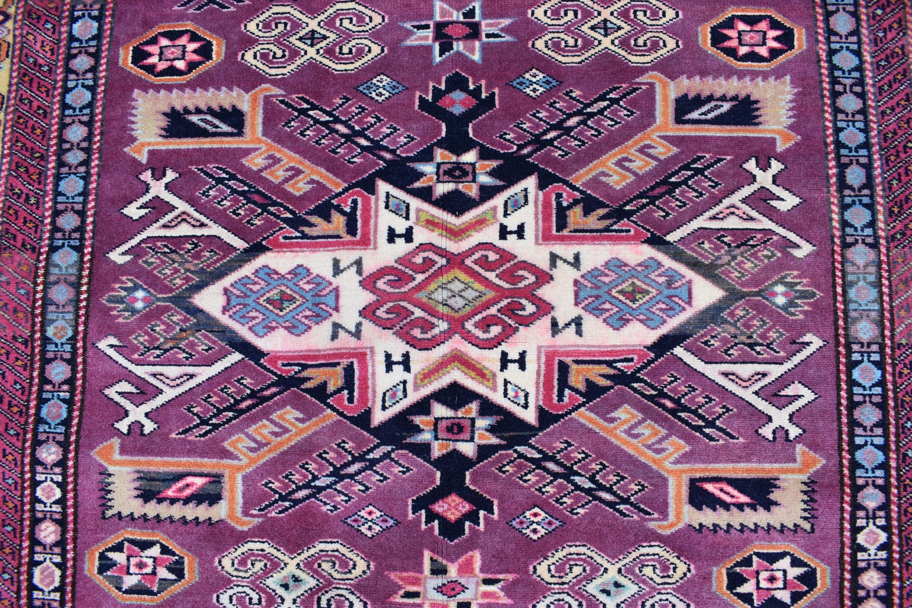 4x5 Vintage Afghan Tribal Rug - Handmade Kazak Wool Rug - Geometric Nomadic Carpet, Collectible Rare Rug, Caucasian Pattern, Burgundy Red