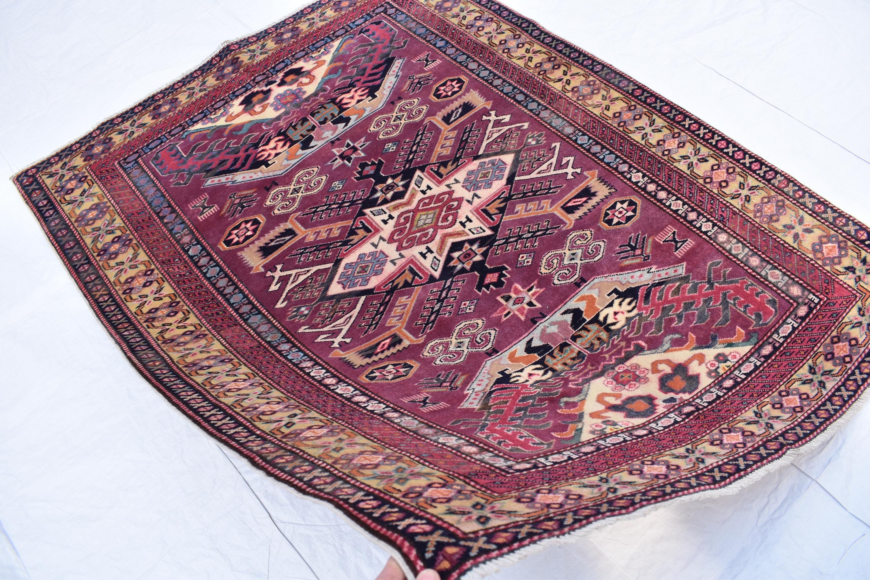 4x5 Vintage Afghan Tribal Rug - Handmade Kazak Wool Rug - Geometric Nomadic Carpet, Collectible Rare Rug, Caucasian Pattern, Burgundy Red