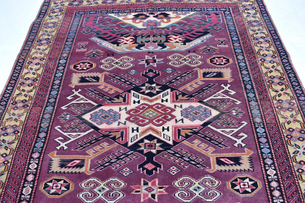 4x5 Vintage Afghan Tribal Rug - Handmade Kazak Wool Rug - Geometric Nomadic Carpet, Collectible Rare Rug, Caucasian Pattern, Burgundy Red