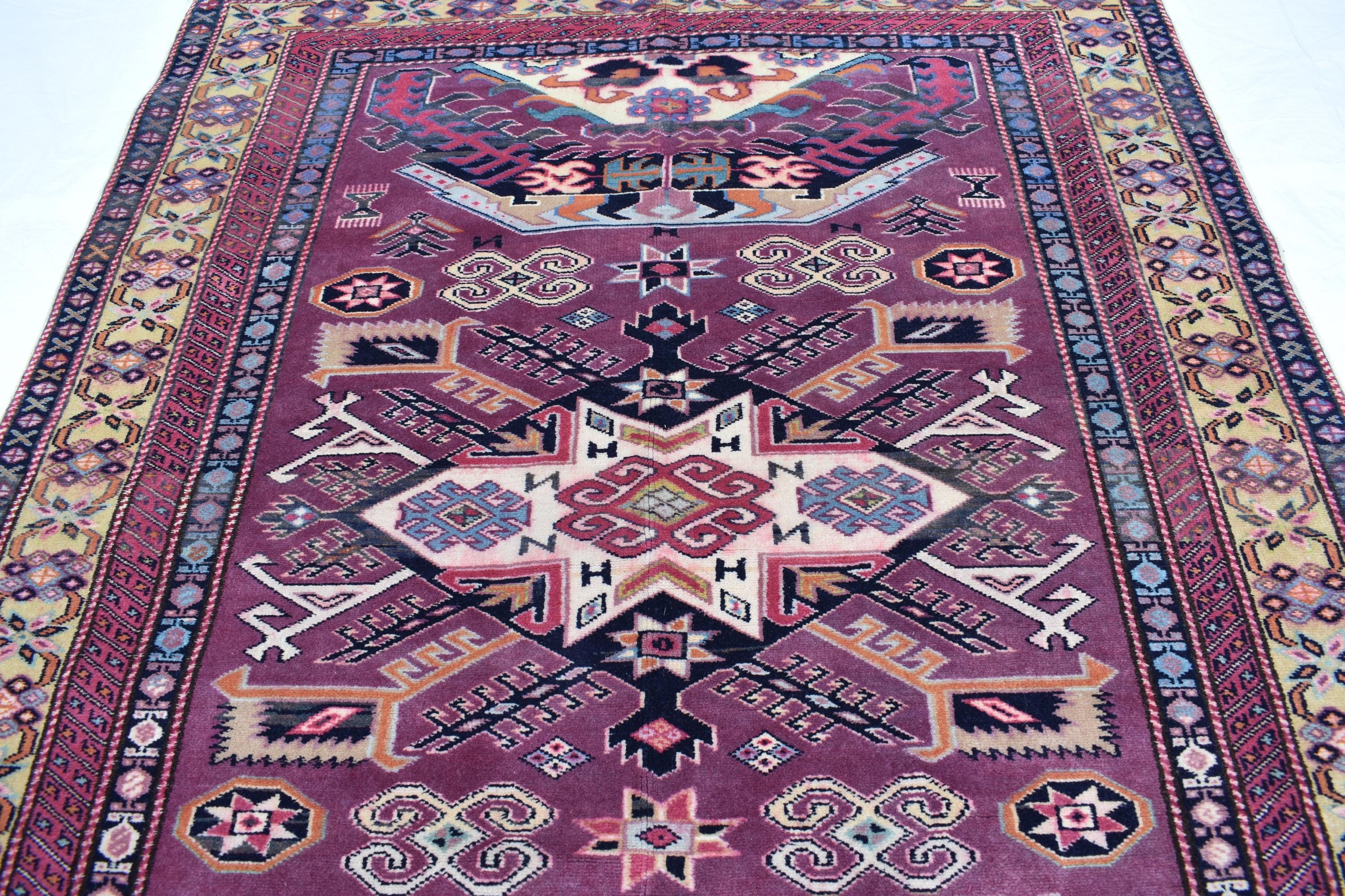 4x5 Vintage Afghan Tribal Rug - Handmade Kazak Wool Rug - Geometric Nomadic Carpet, Collectible Rare Rug, Caucasian Pattern, Burgundy Red