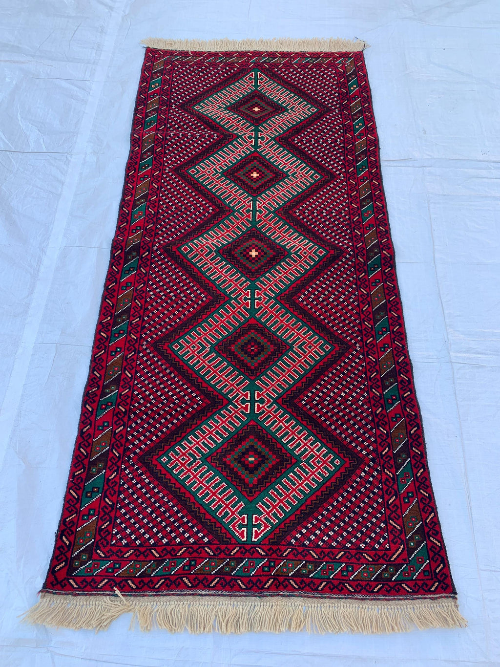 3x6 Vintage Afghan Turkmen Bokhara Rug – Handmade Wool Carpet with Traditional Geometric Gul Design in Rich Red & Deep Brown 2.9x6.2 ft